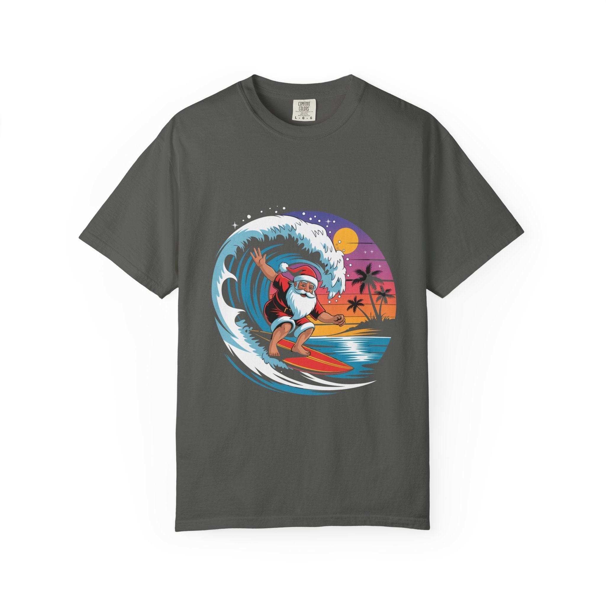 Red cotton t-shirt featuring a surfing Santa design, perfect for Christmas festivities from Printify.