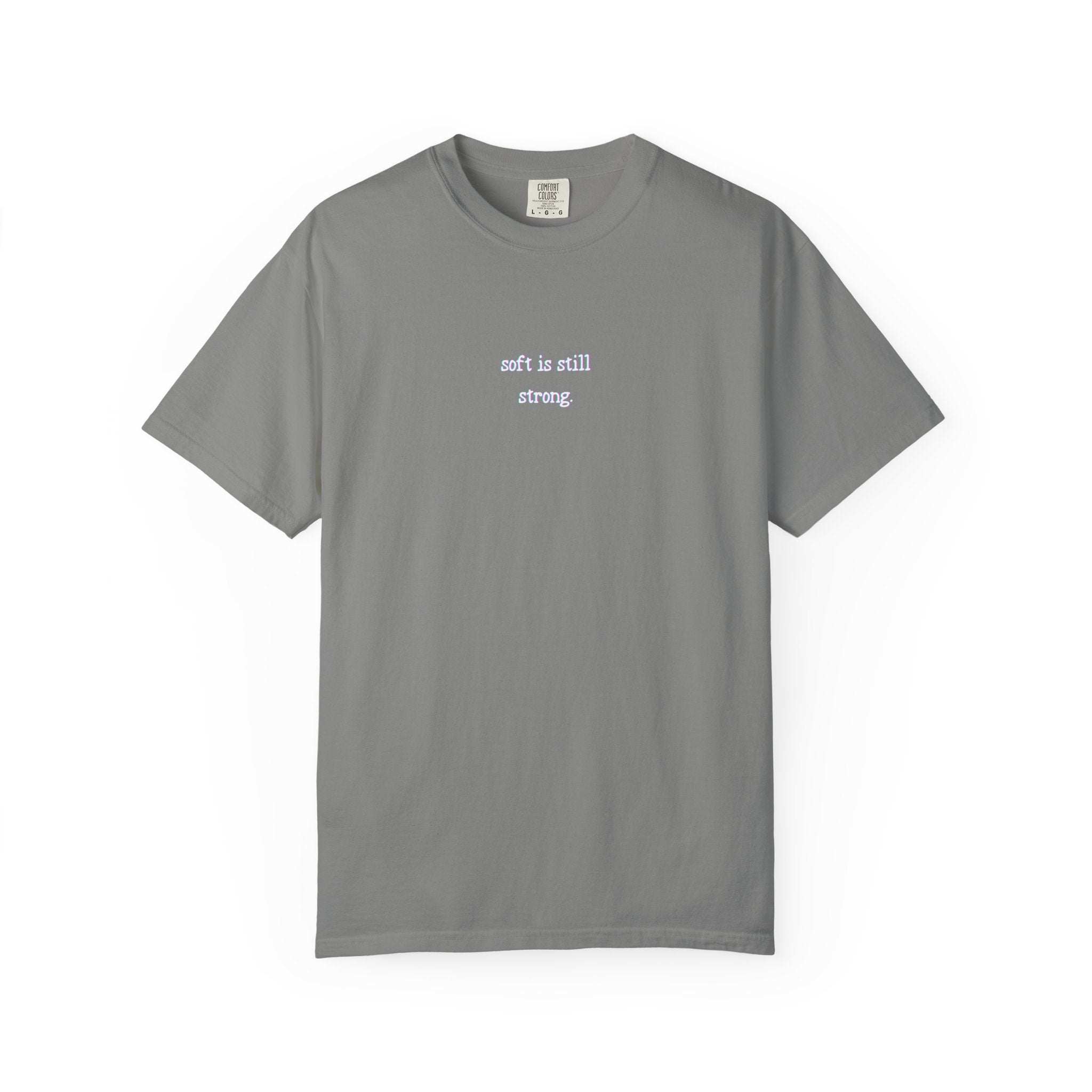 Gray t-shirt with white text on a white background