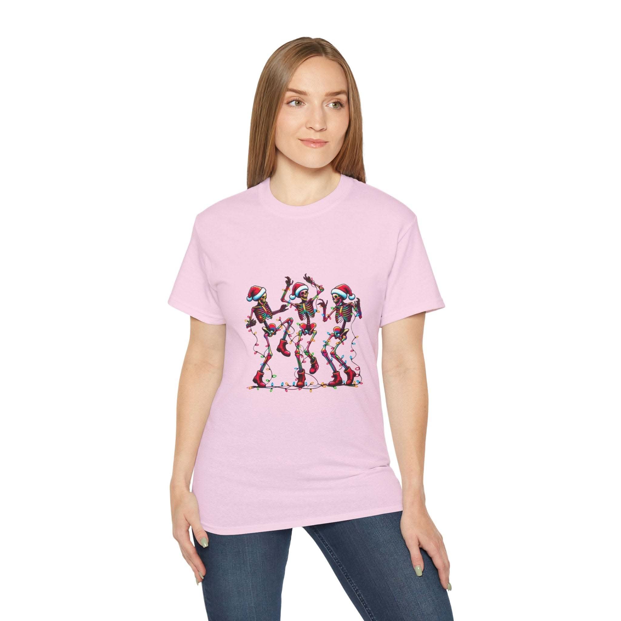 White Christmas Dancing Skeletons t-shirt by Printify, festive design perfect for holiday celebrations
