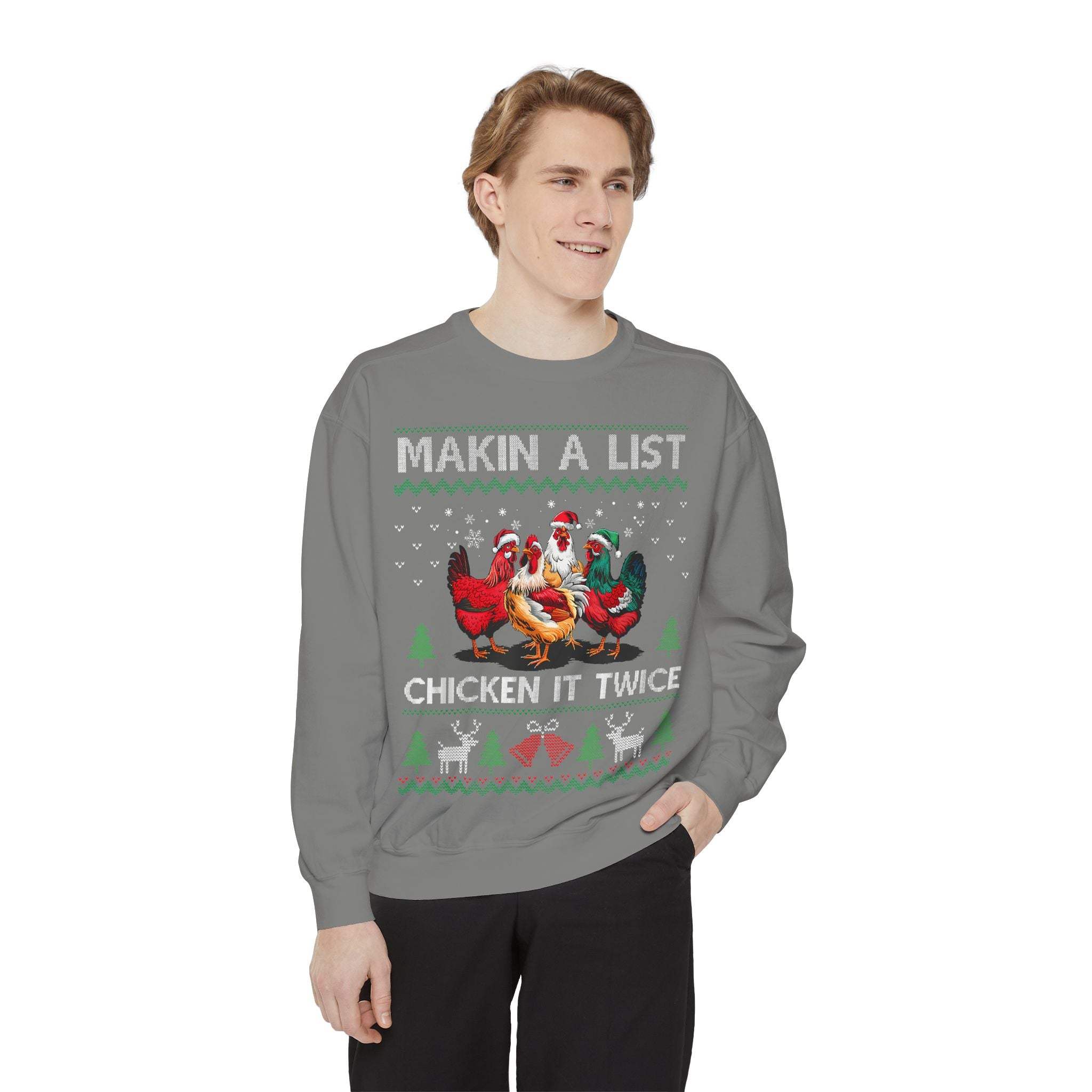 Unisex garment-dyed sweatshirt with humorous Christmas chicken design and relaxed fit.