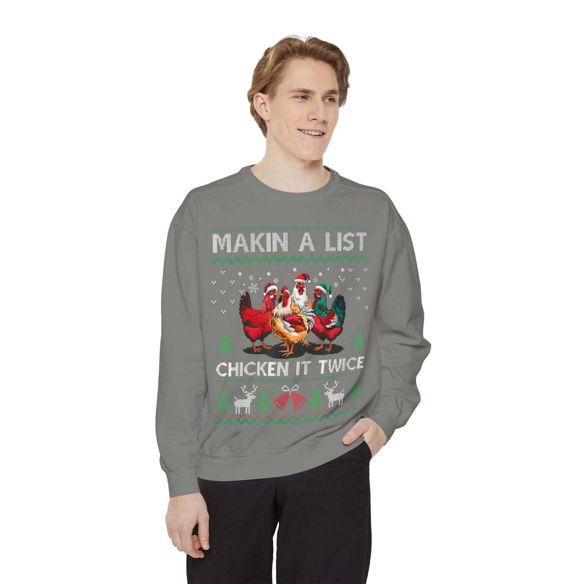 Unisex garment-dyed sweatshirt with humorous Christmas chicken design and relaxed fit.