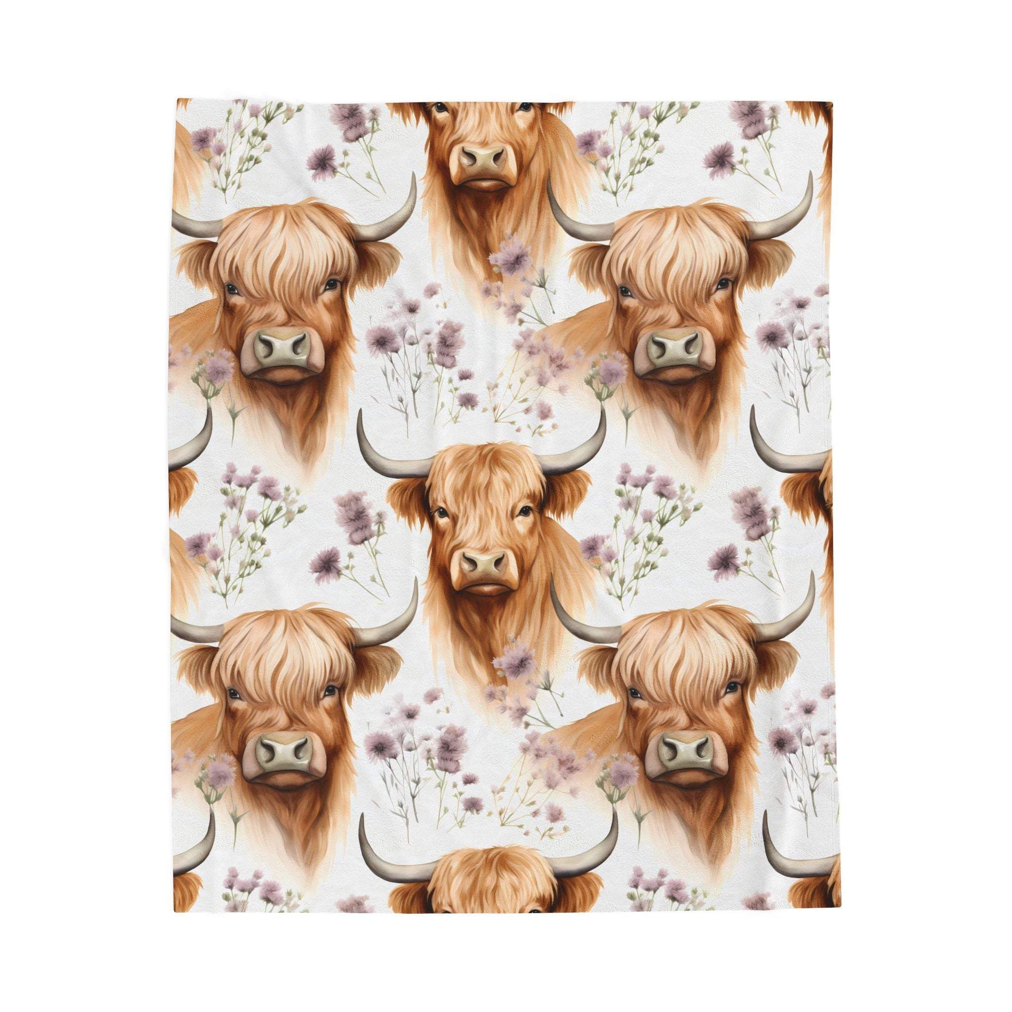Plush blanket featuring floral highland cow design on velveteen fabric