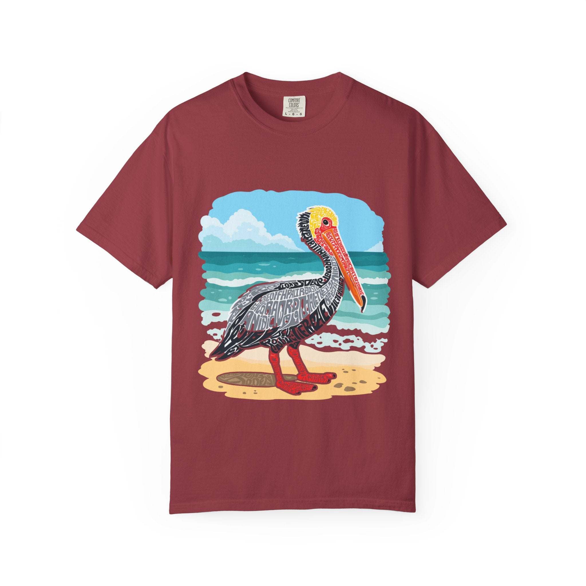 Maroon vintage Pelican Letter Poster graphic t-shirt with coastal beach design