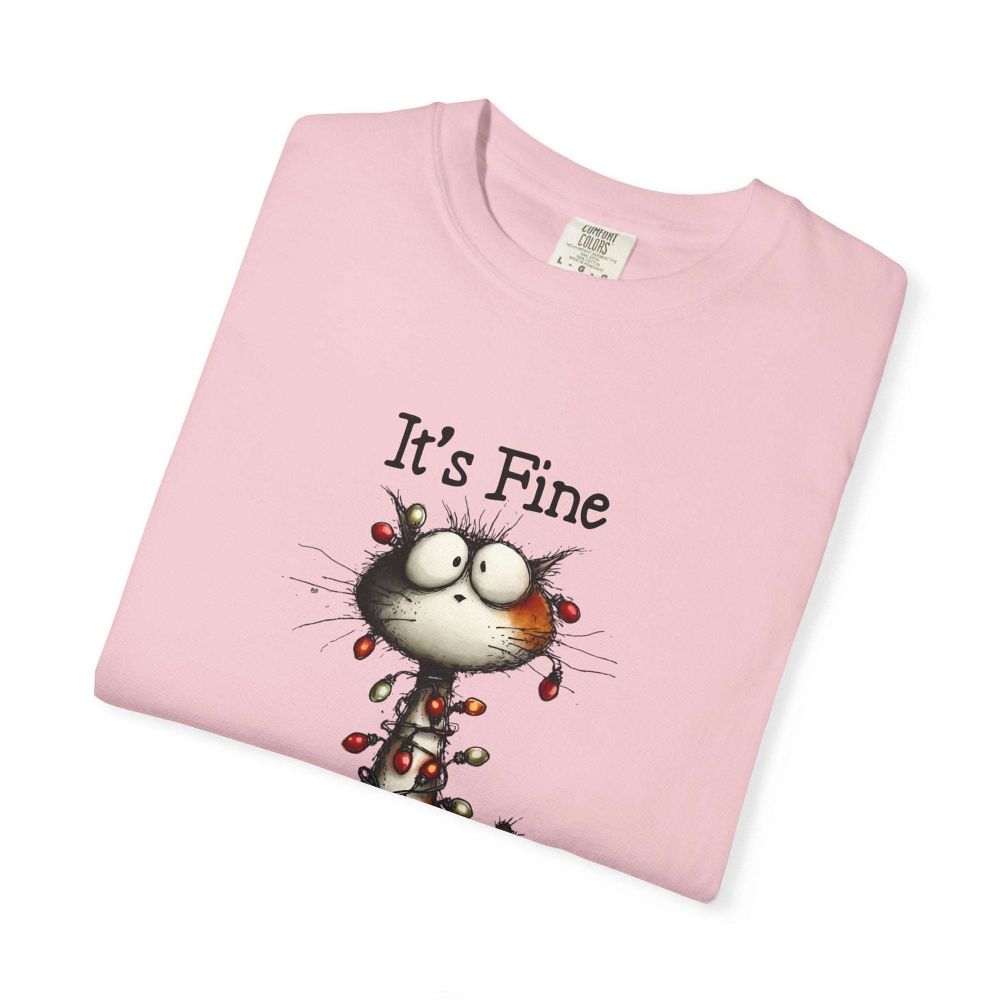 Pink cat t-shirt with "It’s Fine" text and humorous small cat illustration, garment-dyed cotton, soft vintage feel
