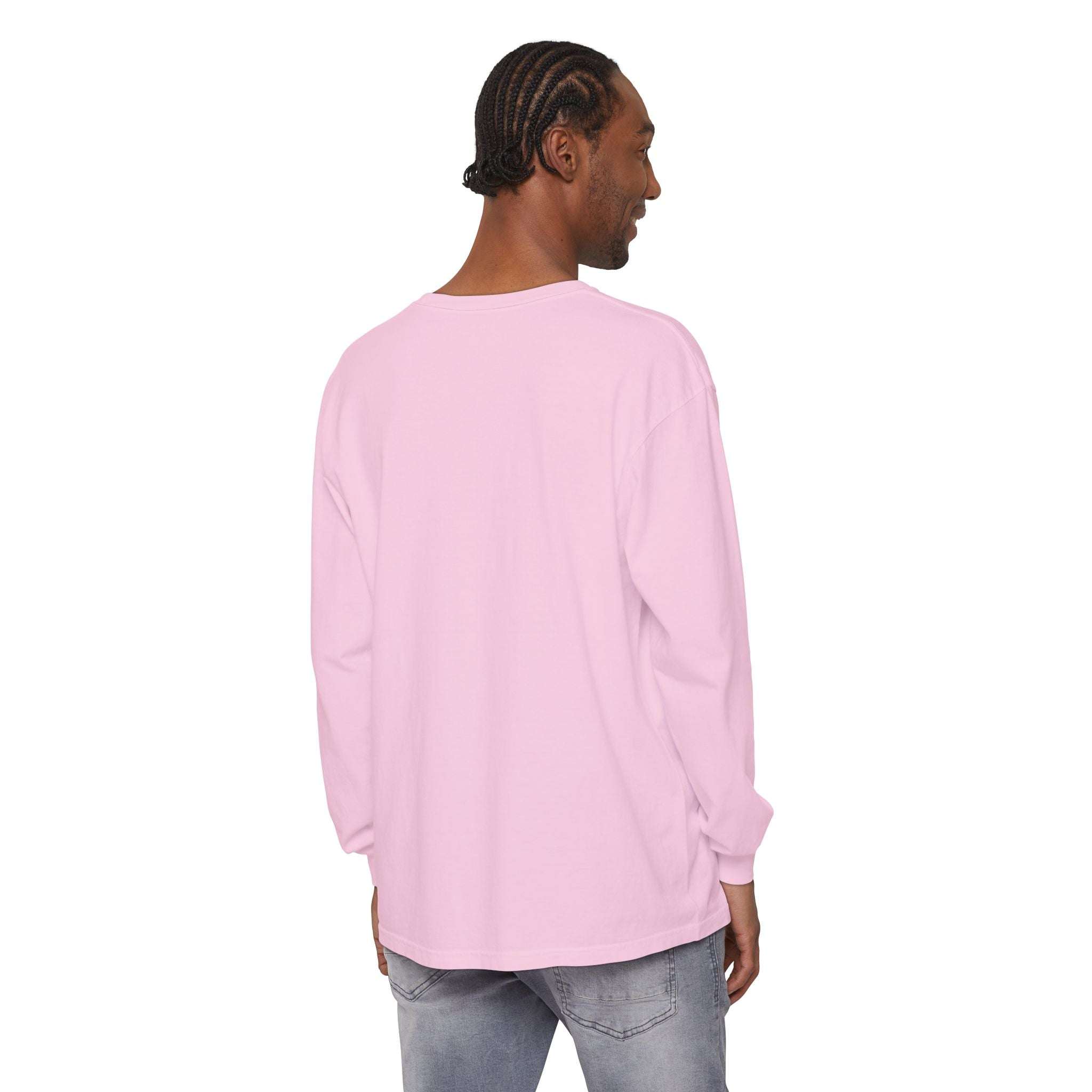 Man wearing preppy pink long sleeve t-shirt back view