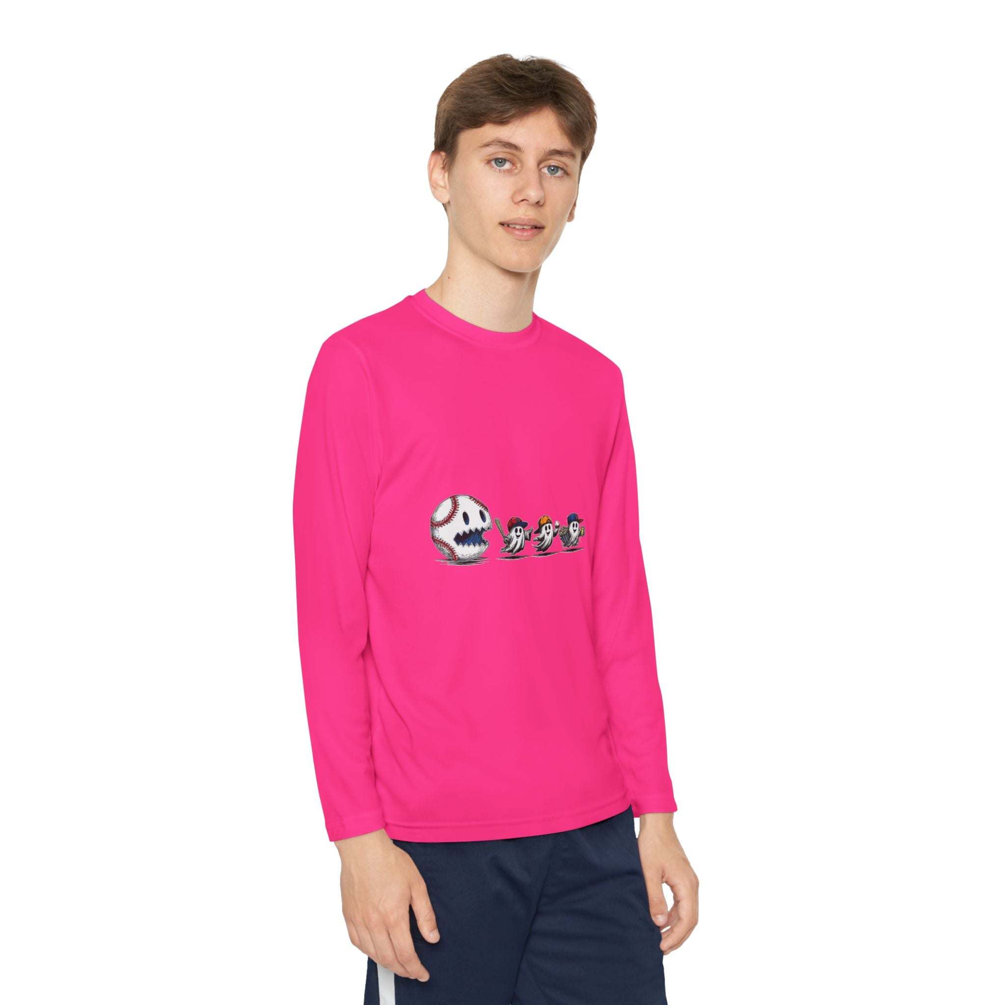 Youth Tee long sleeve pink shirt with baseball eating Halloween ghosts design