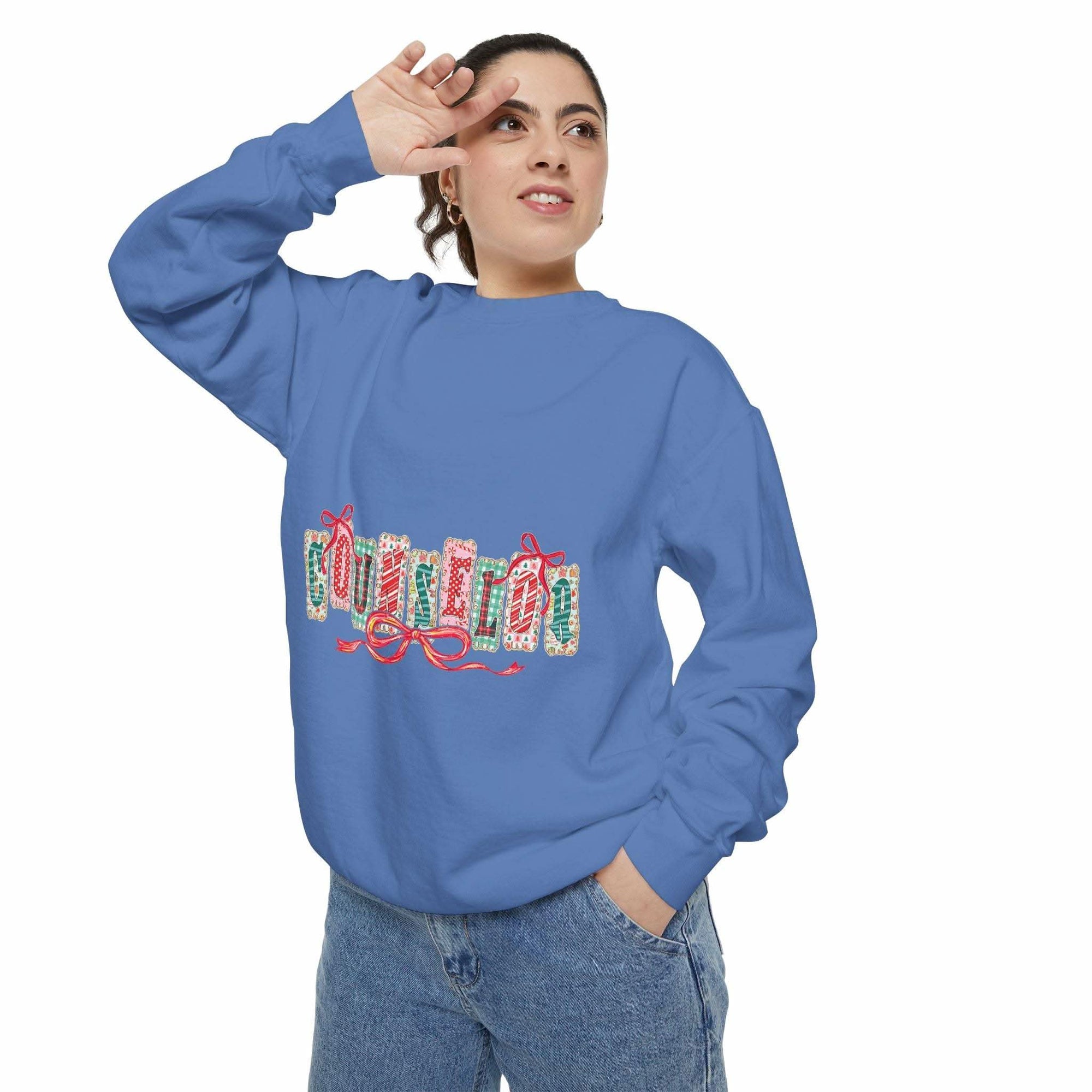 Garment-dyed True Navy sweatshirt with festive Christmas design, perfect for holiday gifting, by Printify