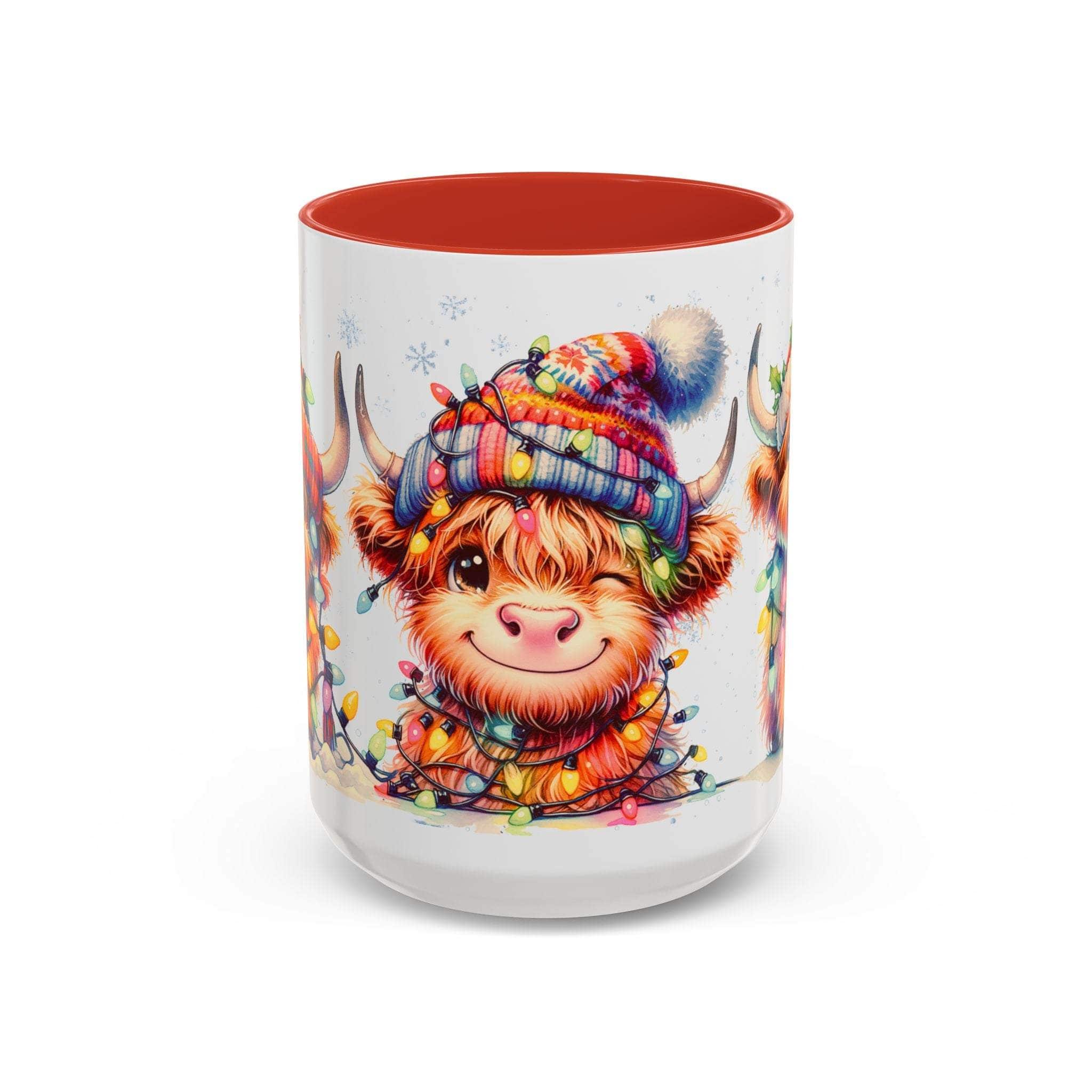 Mug with a cartoon Highland cow wearing a colorful hat and surrounded by lights on a white background