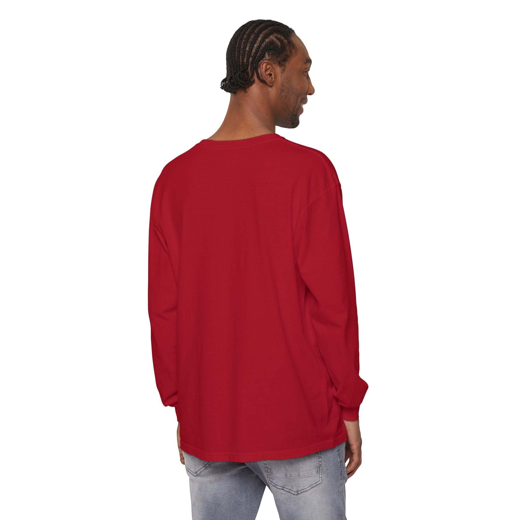Man wearing plain red long sleeve t-shirt back view