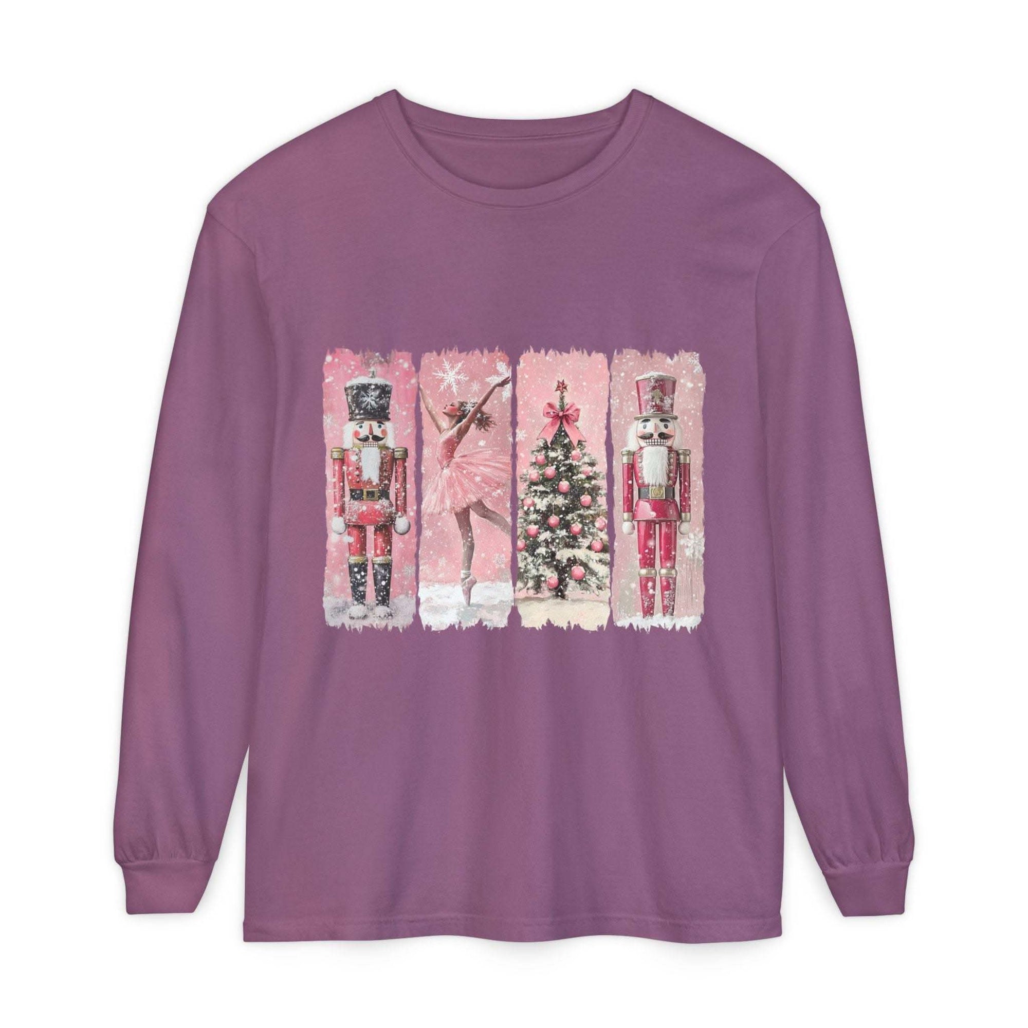 Preppy pink long sleeve t-shirt with watercolor Nutcracker Christmas design