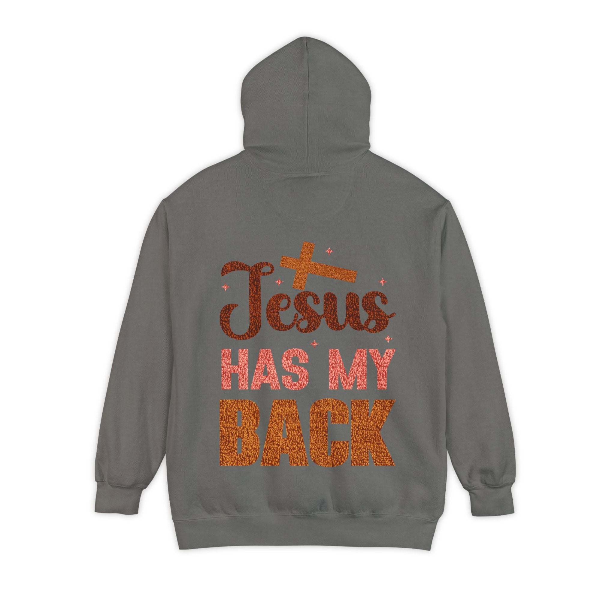 Jesus Has My Back Hoodie with uplifting faith design and comfortable fit
