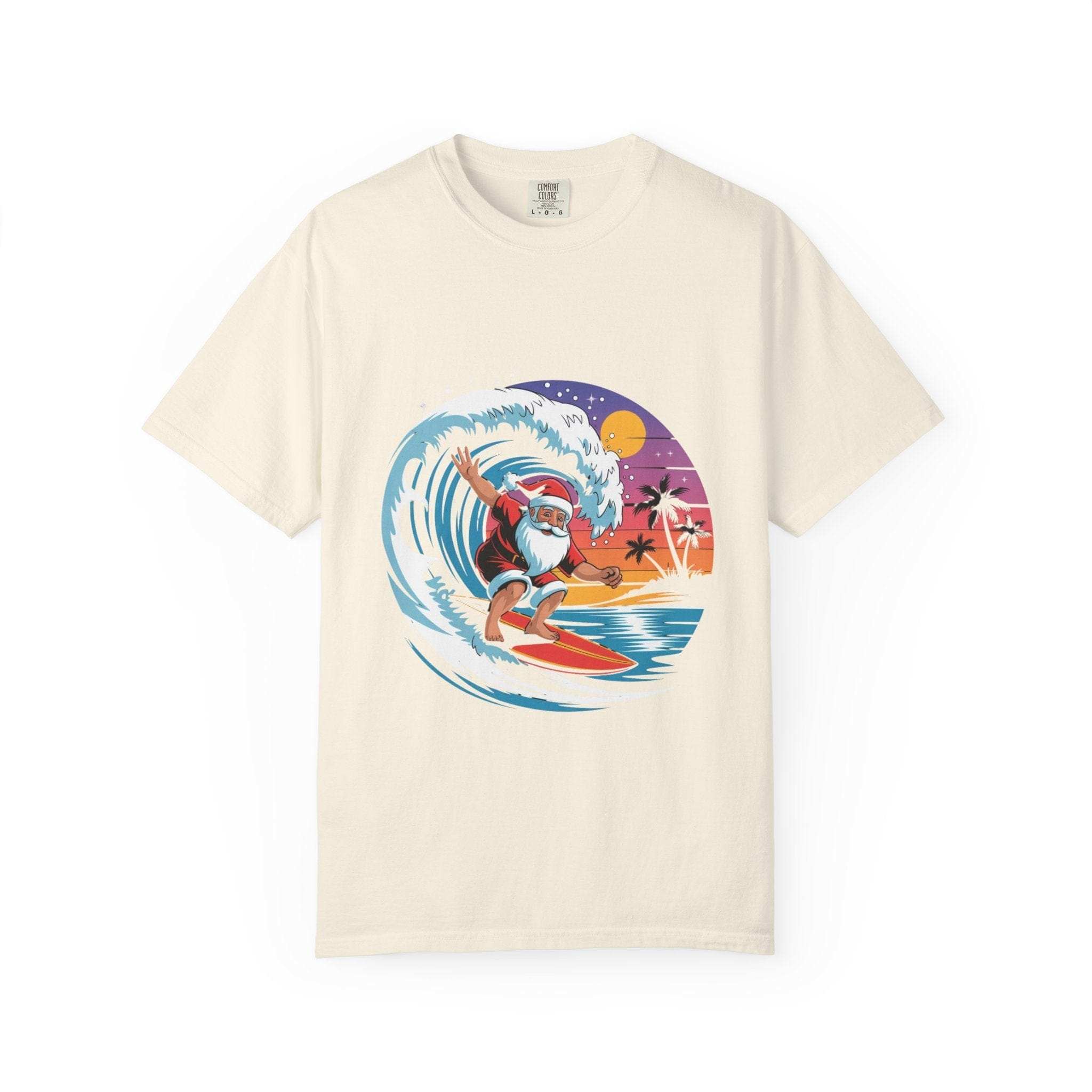 Surfing Santa T-Shirt in black cotton, featuring a festive Santa design, perfect for holiday apparel.