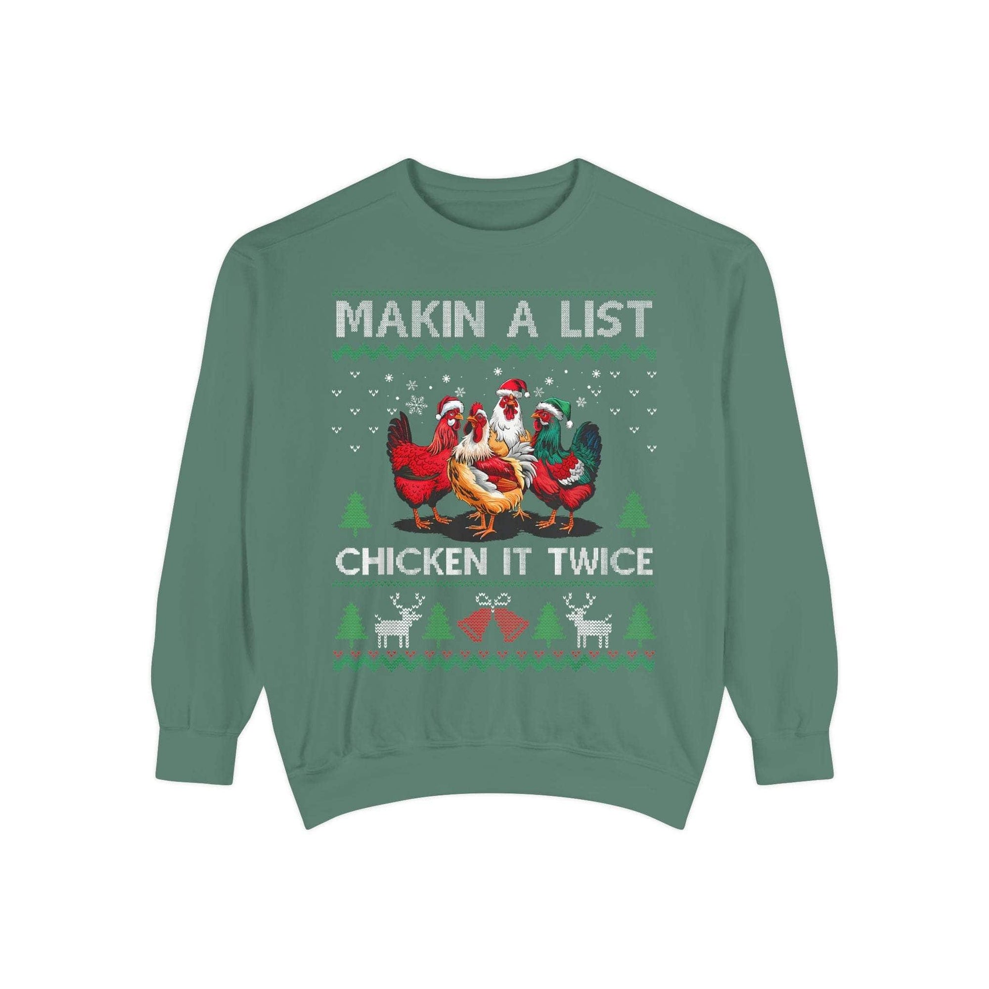 True Navy garment-dyed sweatshirt featuring 'Making a List, Chicken it Twice' slogan by Printify