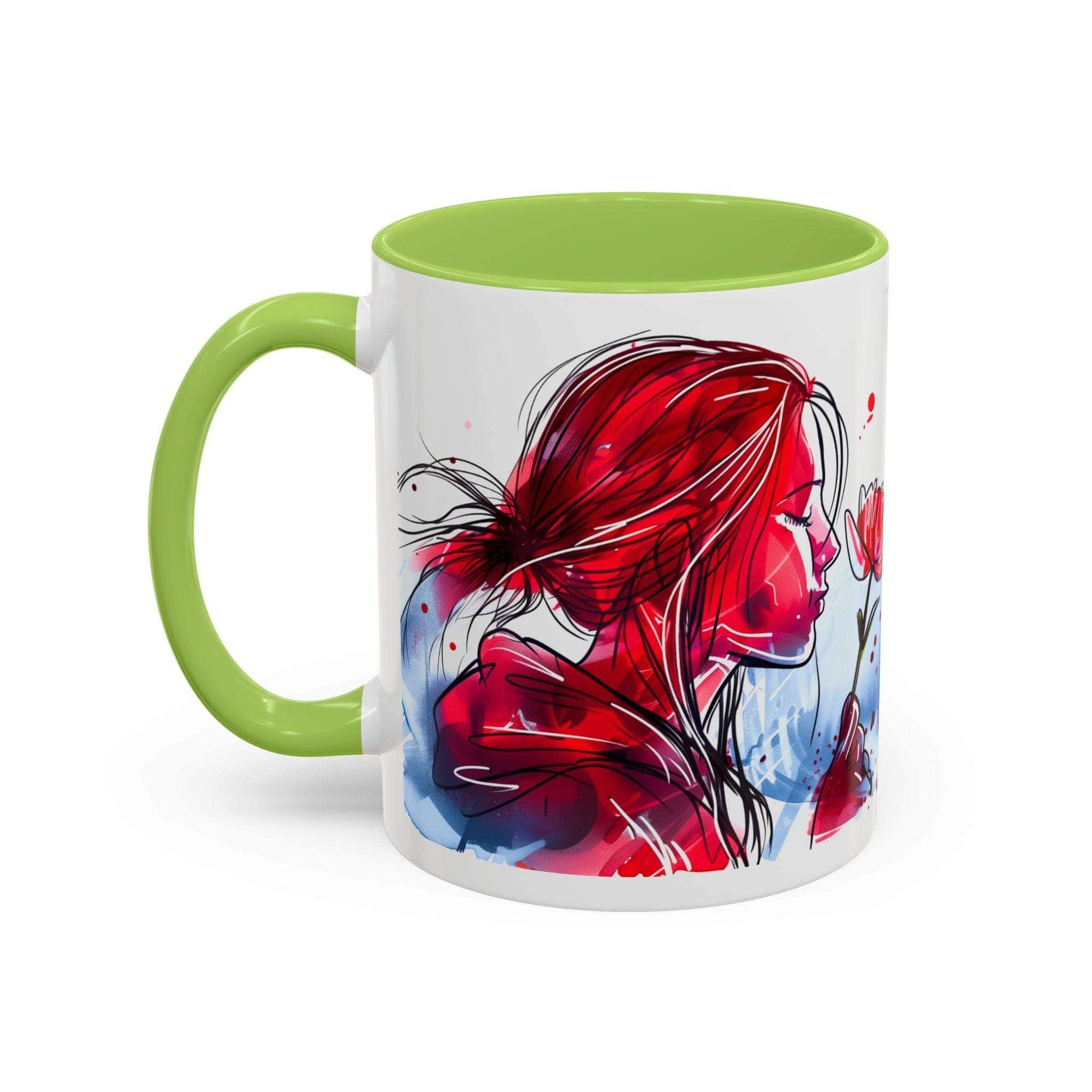 Valentines Floral Love Accent Coffee Mug with romantic heart and floral design, green handle and interior, 11 oz ceramic cup