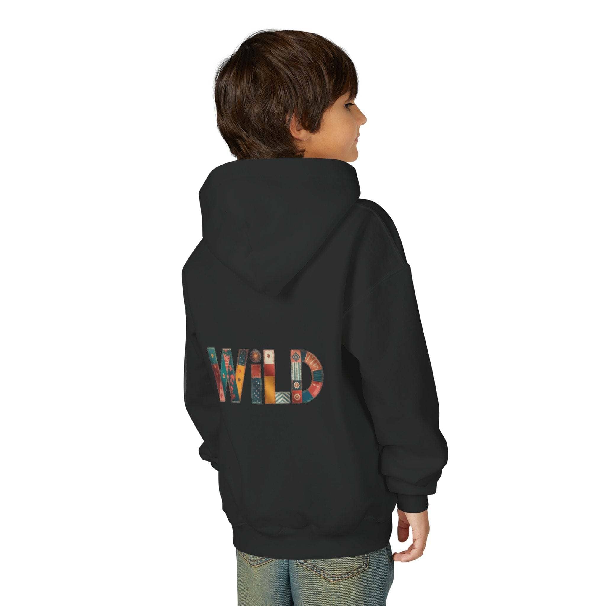 Child wearing black Patchwork Wild Word Hoodie with colorful "WILD" lettering on back and kangaroo pocket
