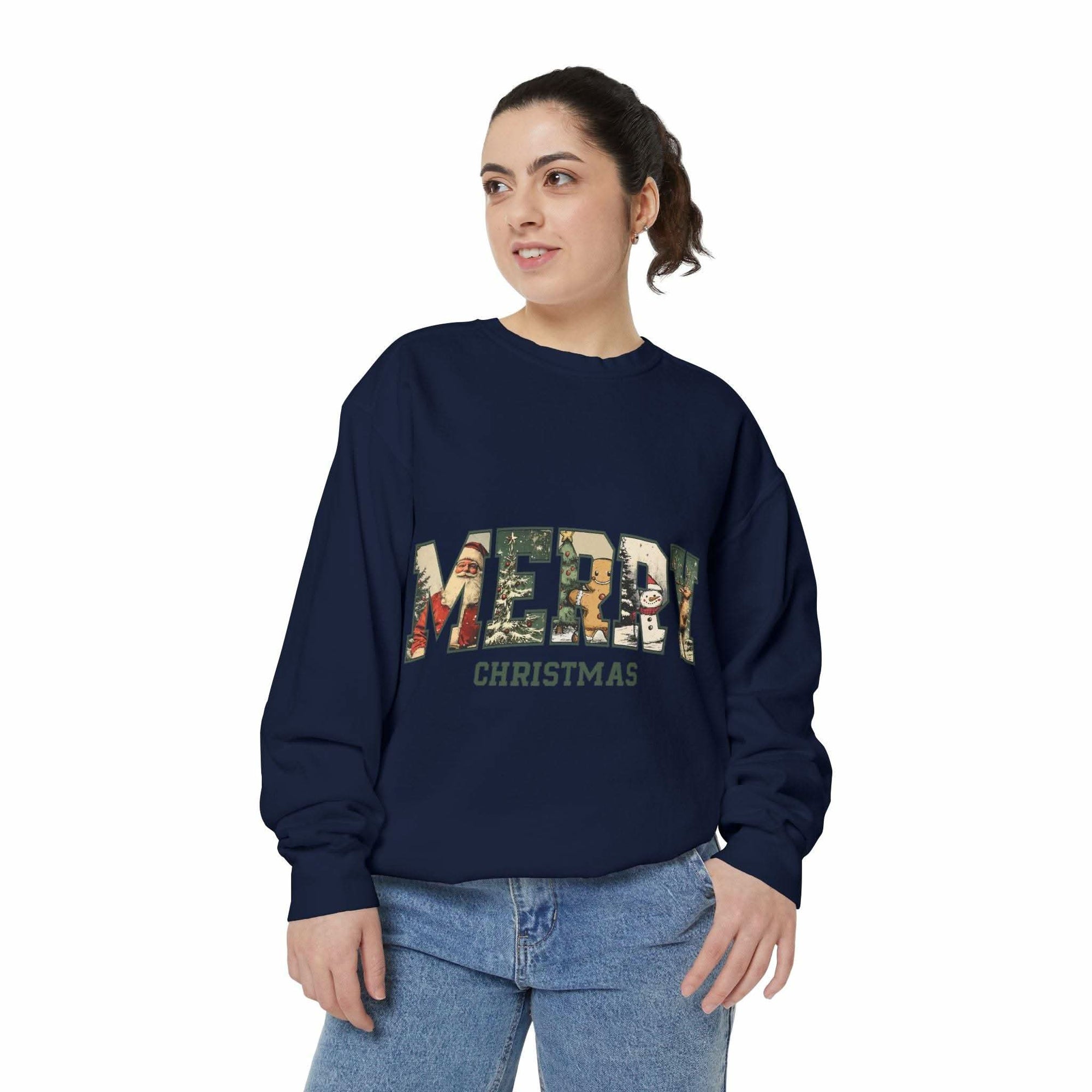 White vintage varsity Merry Christmas sweatshirt by Printify, featuring festive holiday lettering