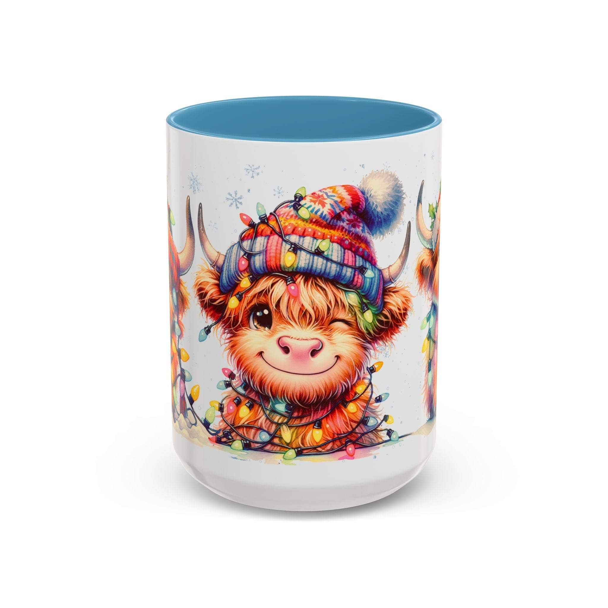 Mug with a cartoon Highland cow wearing a colorful hat and surrounded by lights on a white background