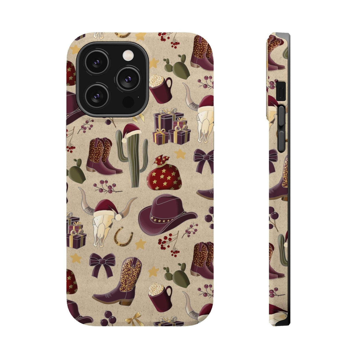 Cowboy Christmas design phone case for iPhone 17 in glossy finish by Printify, featuring festive colors and patterns.