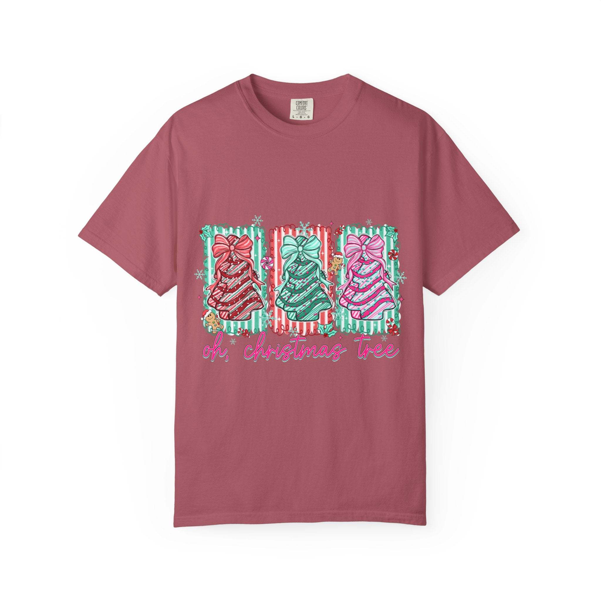 Preppy garment-dyed Oh Christmas Tree T-shirt with colorful festive Christmas tree designs on a maroon background