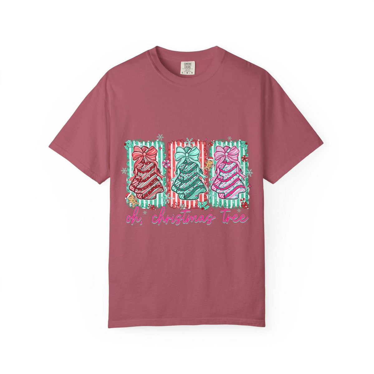 Preppy garment-dyed Oh Christmas Tree T-shirt with colorful festive Christmas tree designs on a maroon background