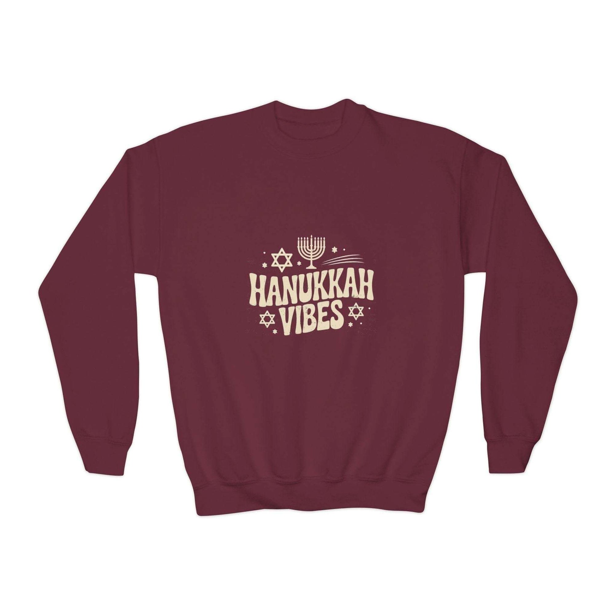 White Hanukkah crewneck youth sweatshirt with festive designs by Printify, suitable for holiday celebrations