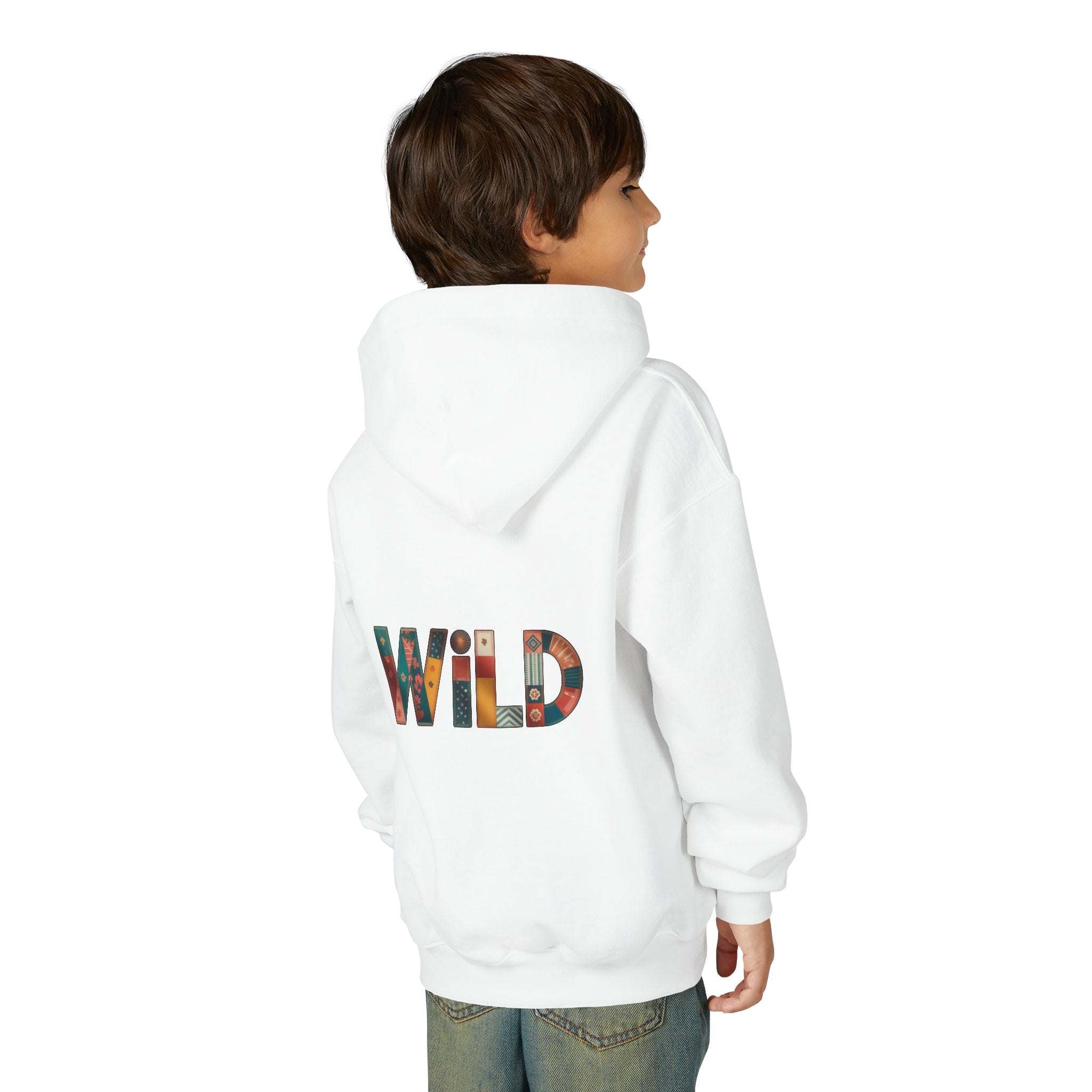 Child wearing white Patchwork Wild Word Hoodie with colorful "WILD" text on back