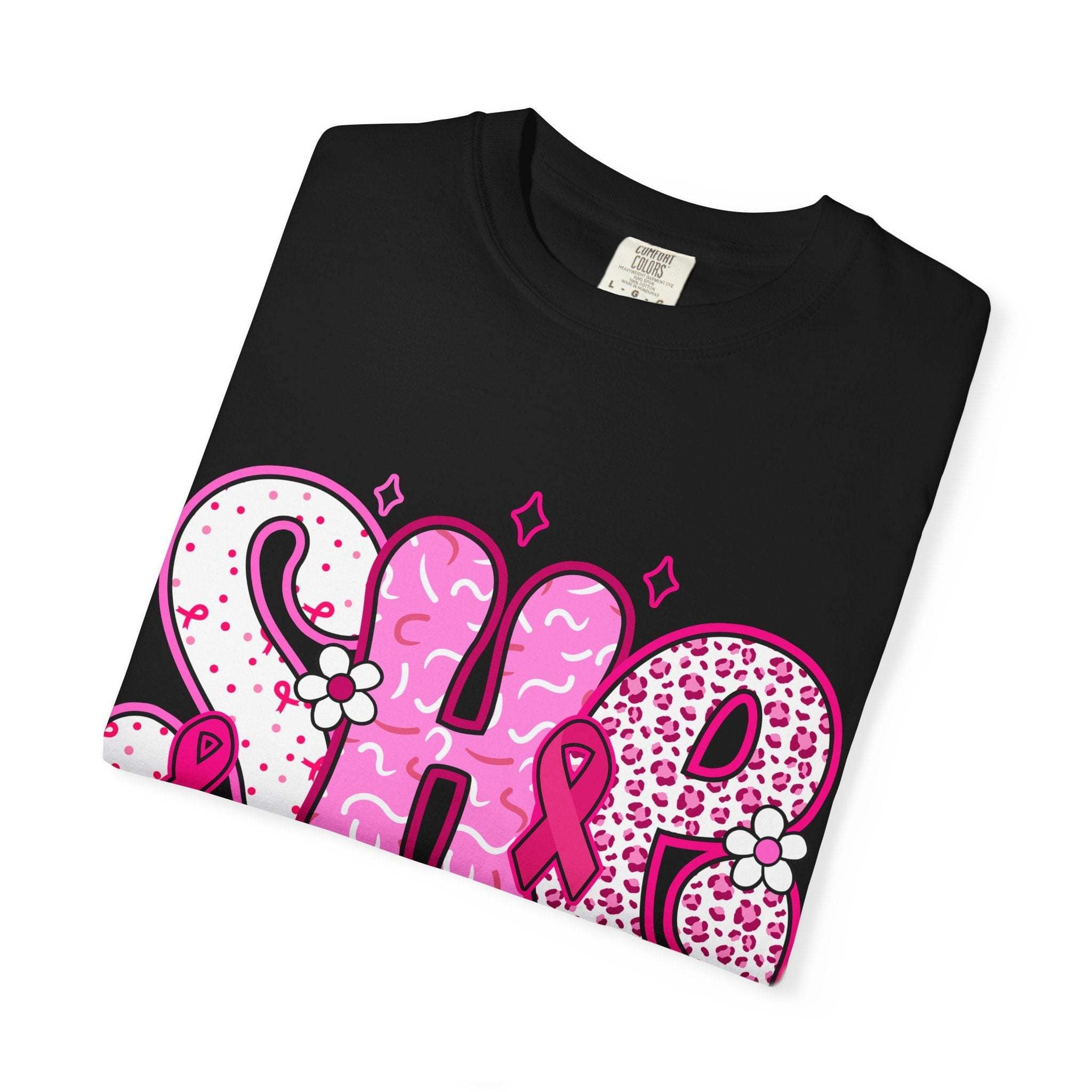 Black fighter breast cancer T-shirt with pink ribbon design and supportive text for awareness campaign