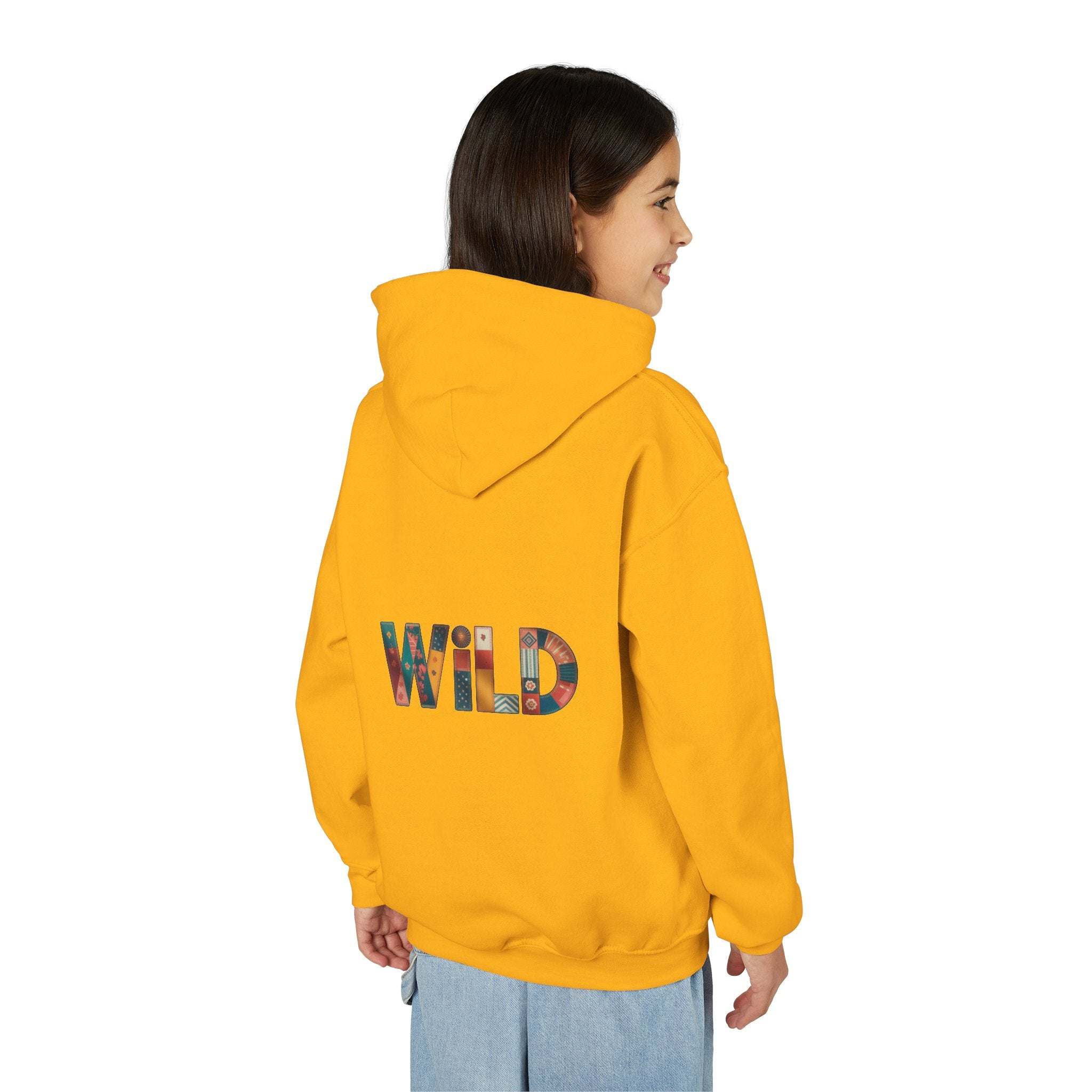 Child wearing yellow Patchwork Wild Word Hoodie with colorful "WiLD" text on back and kangaroo pocket