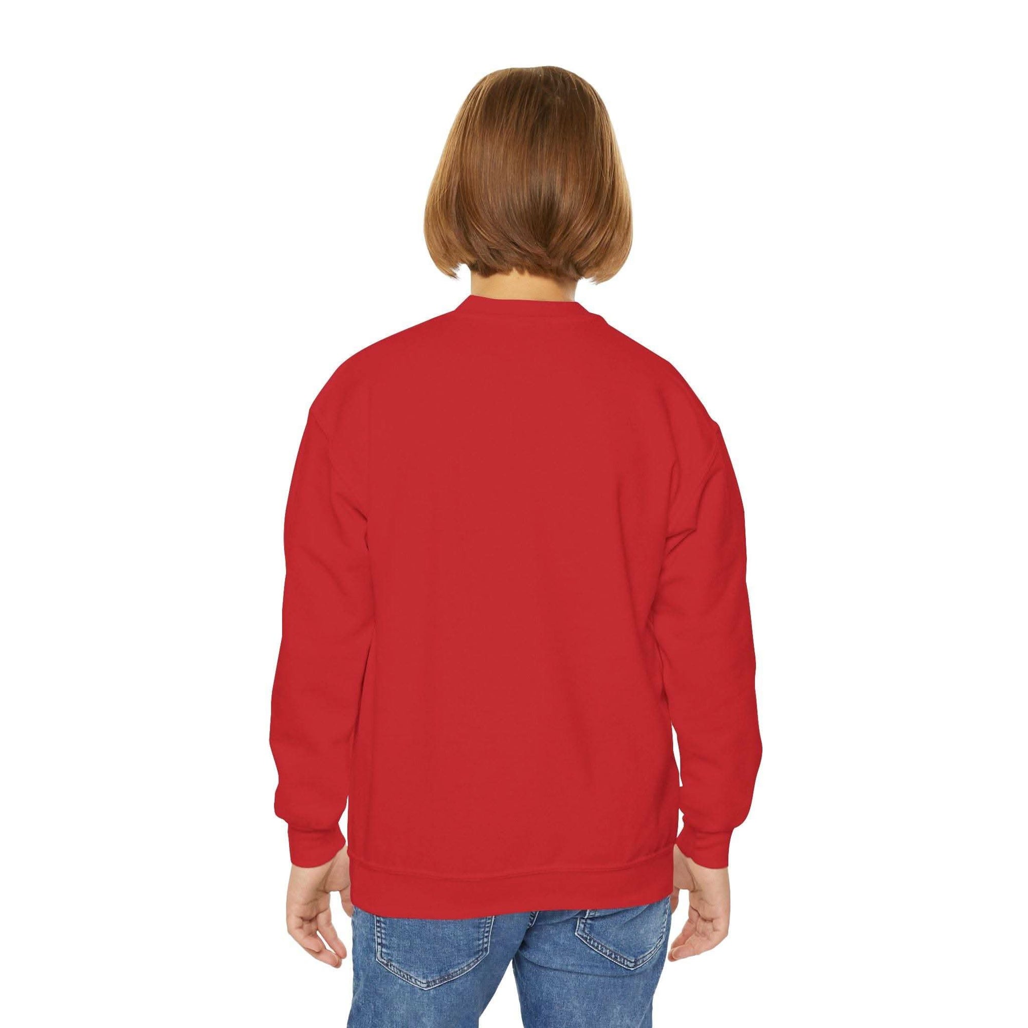Child wearing red Moody Girl Highland Cow sweatshirt viewed from back