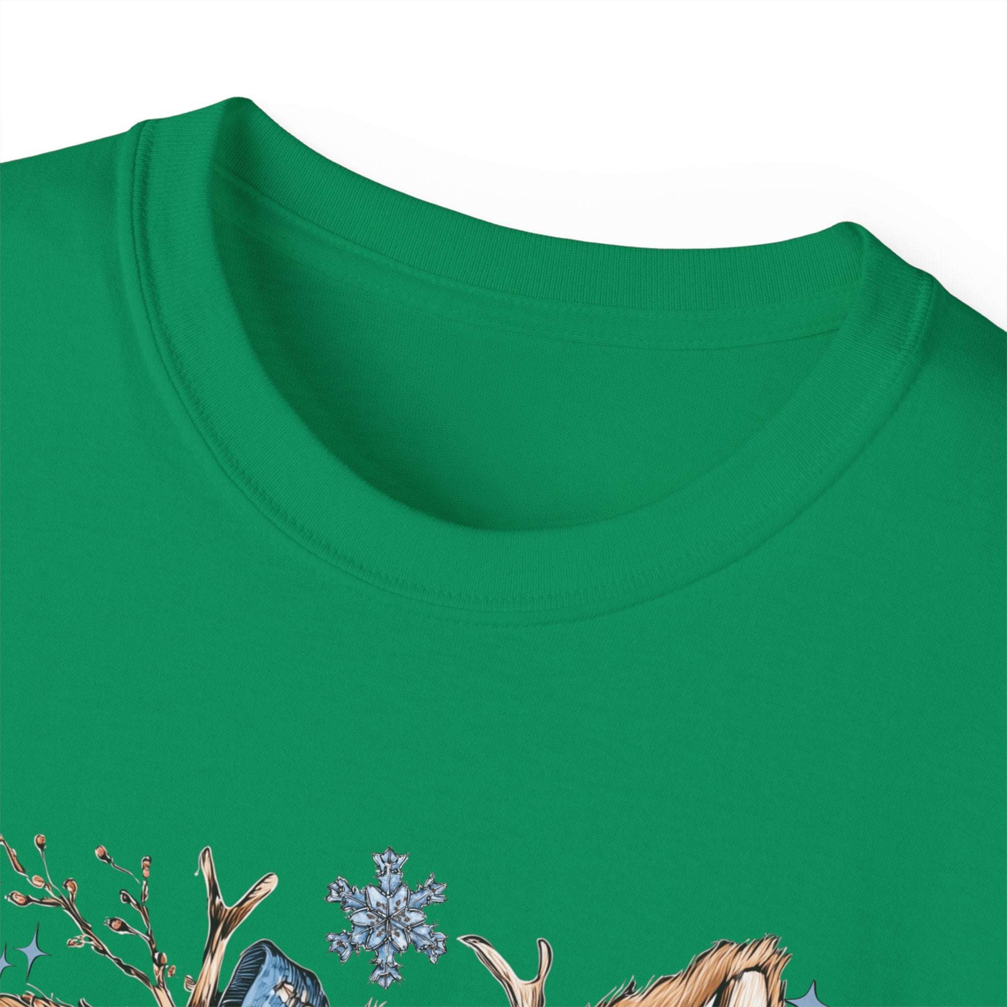 Green Retro Patchwork Reindeer T-shirt with festive holiday design and snowflakes detail