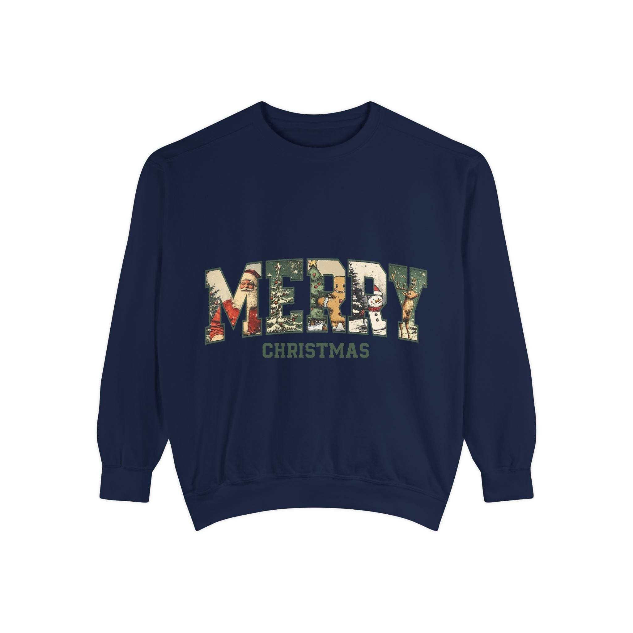 Vintage Varsity Merry Christmas navy sweatshirt with cozy holiday design