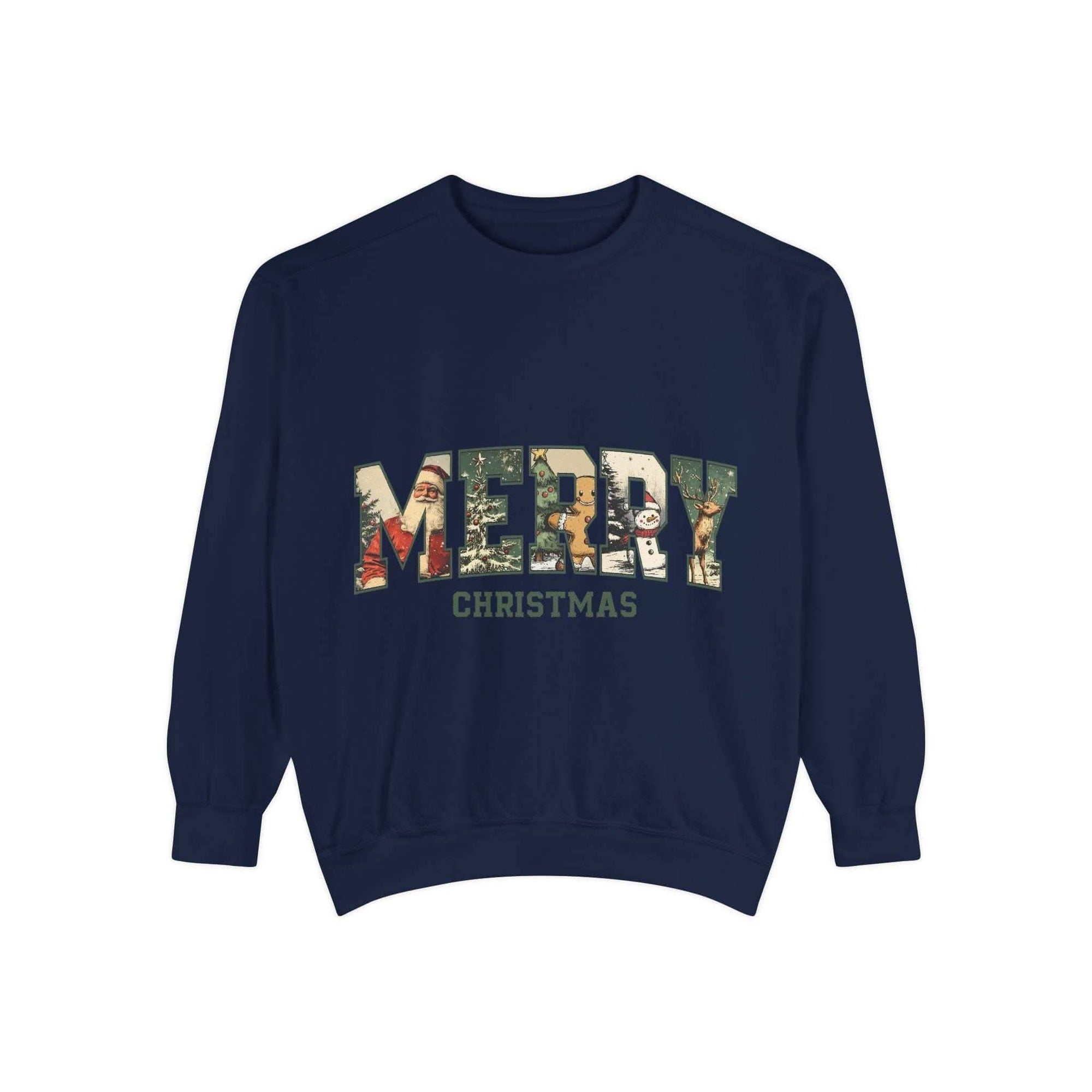 Vintage Varsity Merry Christmas navy sweatshirt with cozy holiday design