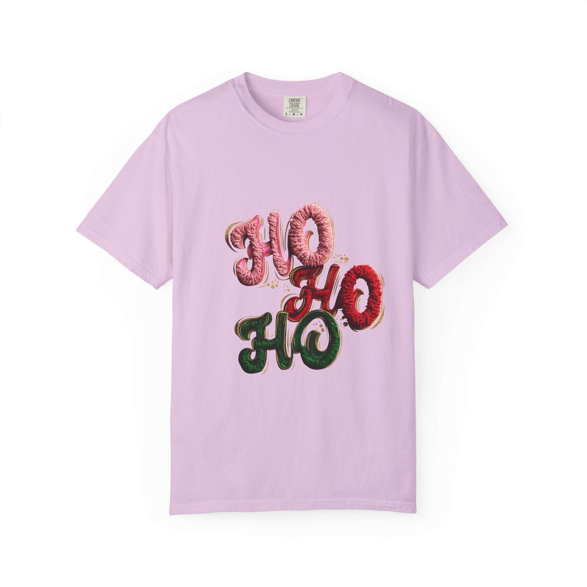 White Christmas graphic tee featuring faux puffy crochet 'Ho, Ho, Ho' design by Printify