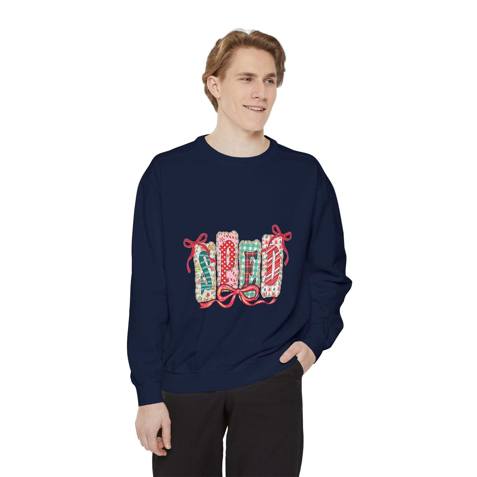 Pepper garment-dyed sweatshirt for preppy SPED teachers, featuring a festive Christmas design by Printify