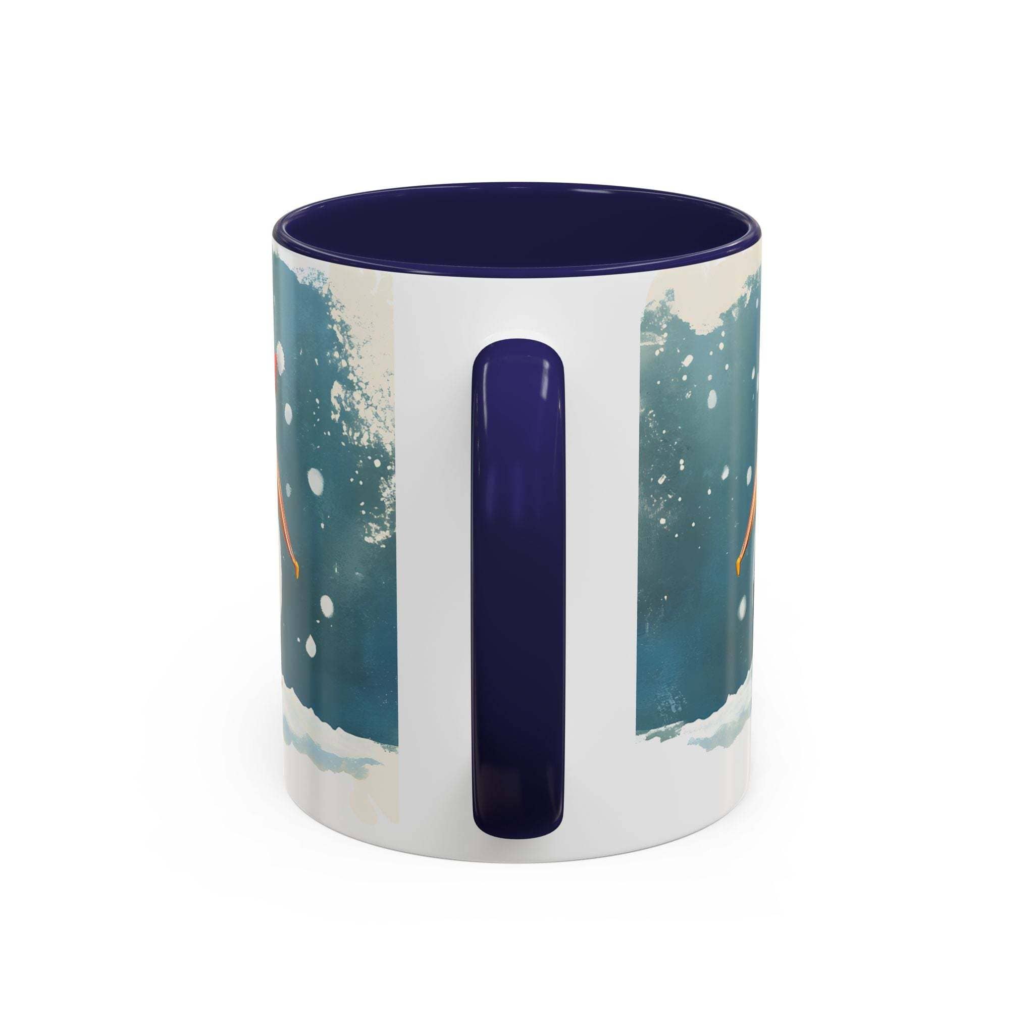 Mug with a blue interior and handle, featuring abstract designs on a white background