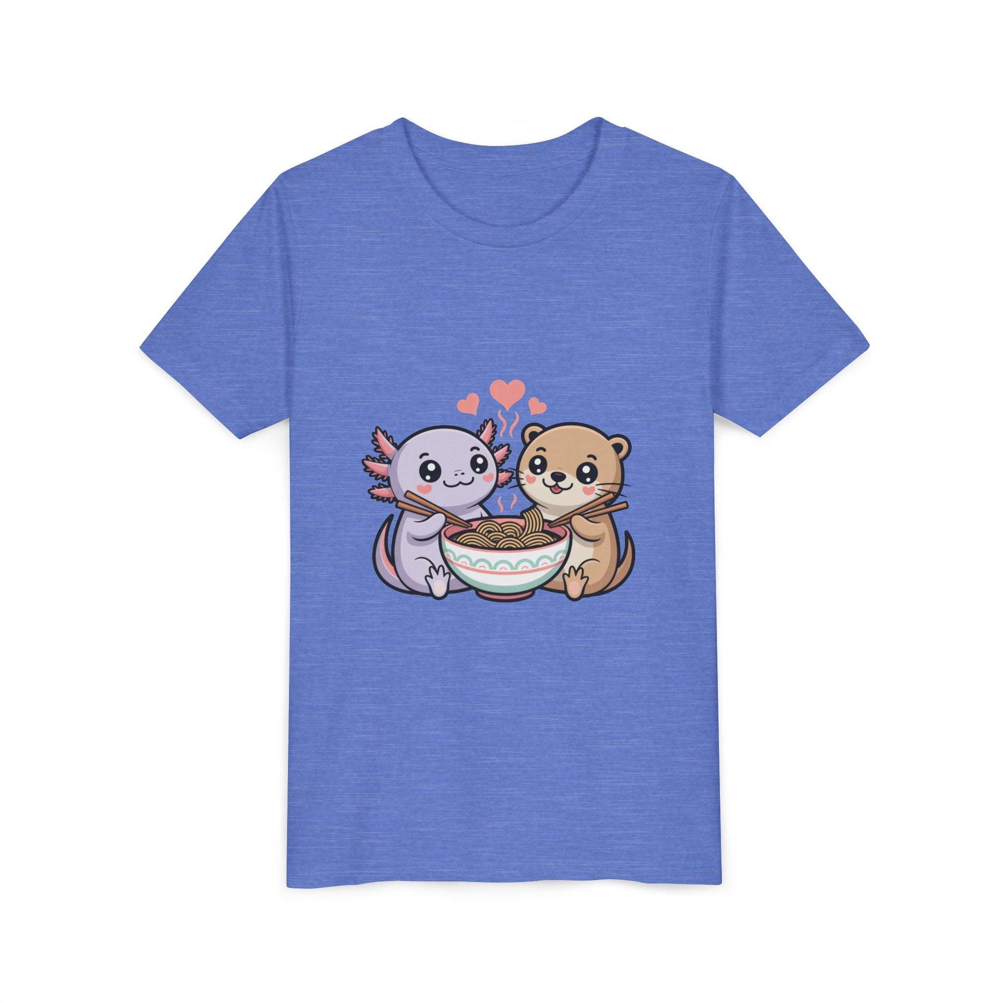 Cute kawaii animal kids shirt featuring axolotl and otter with ramen bowl design on lightweight cotton tee