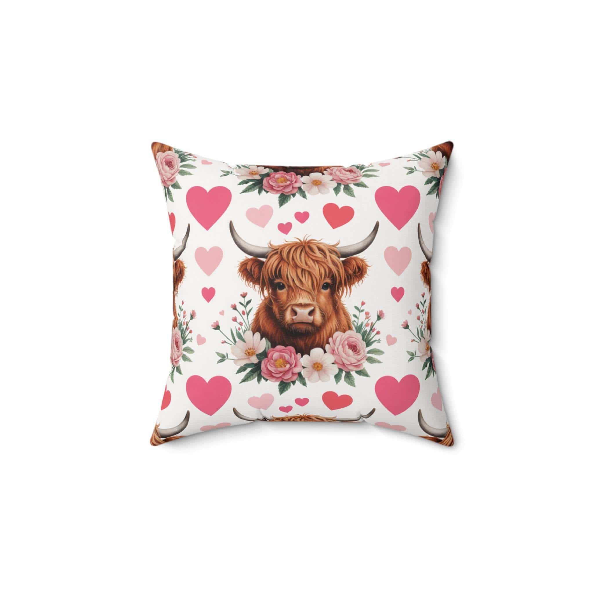 Floral Valentine Highland cow pillow with muted beige tones and delicate blossoms for rustic decor