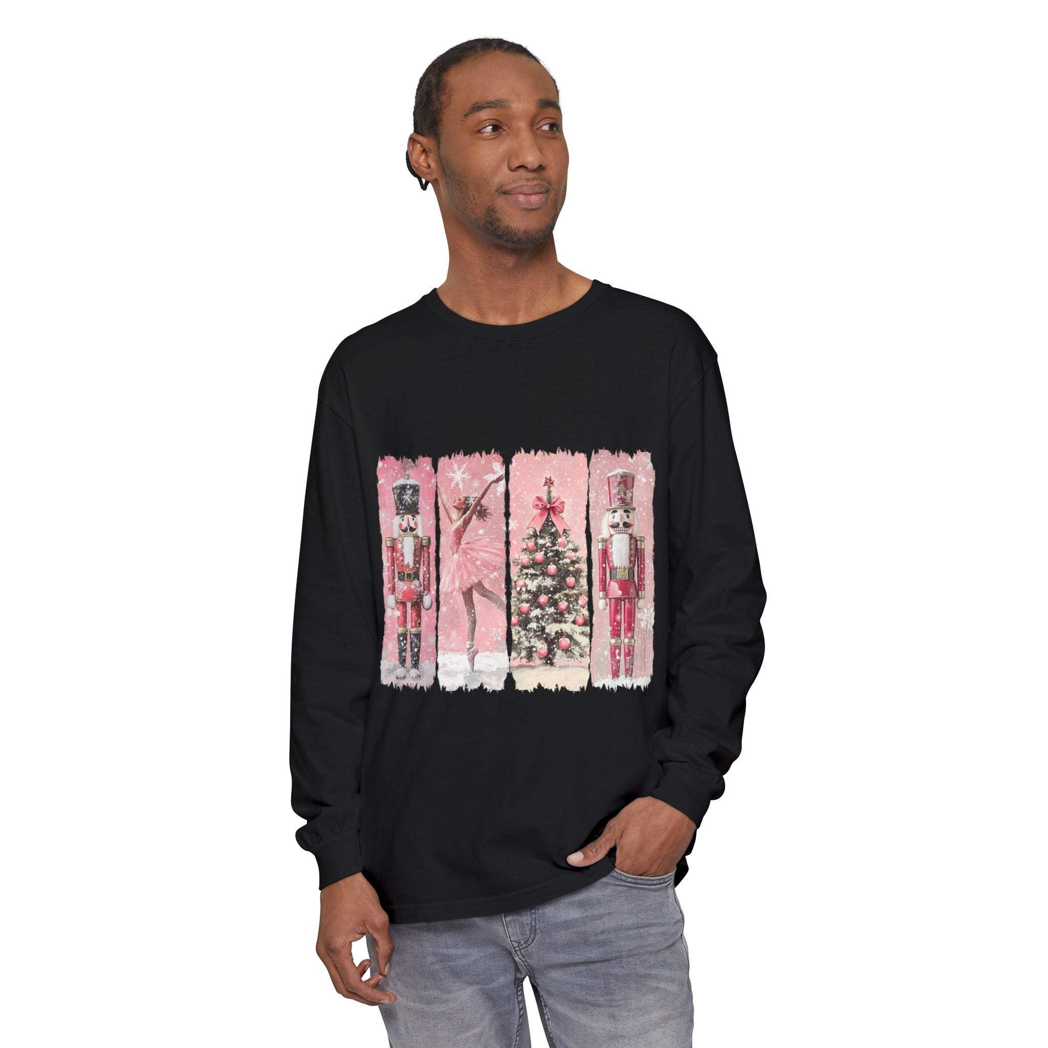 Man wearing black long sleeve t-shirt with pink watercolor Nutcracker and Christmas tree design