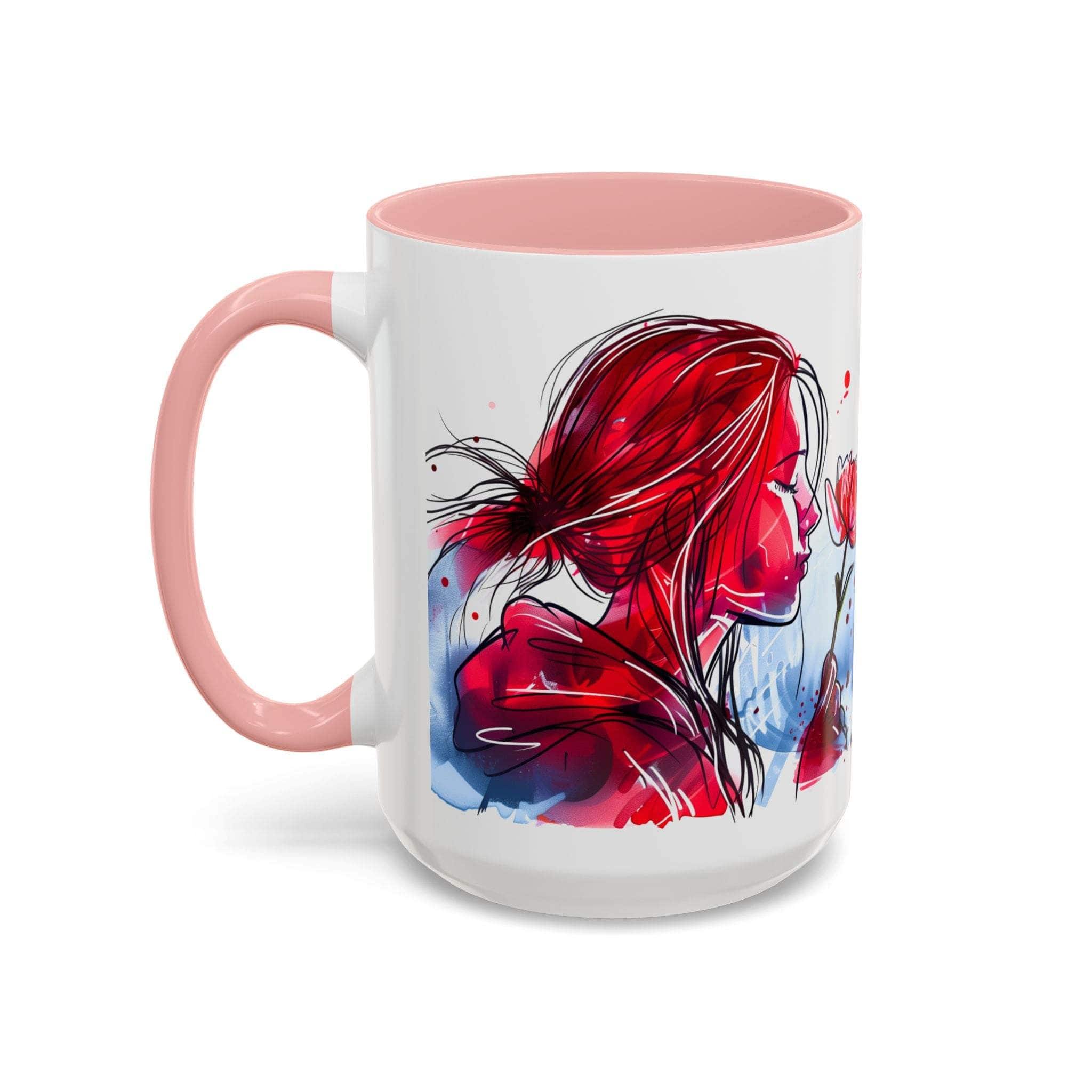 Valentines Floral Love Accent Coffee Mug with pink handle and interior, featuring romantic red and blue abstract art design