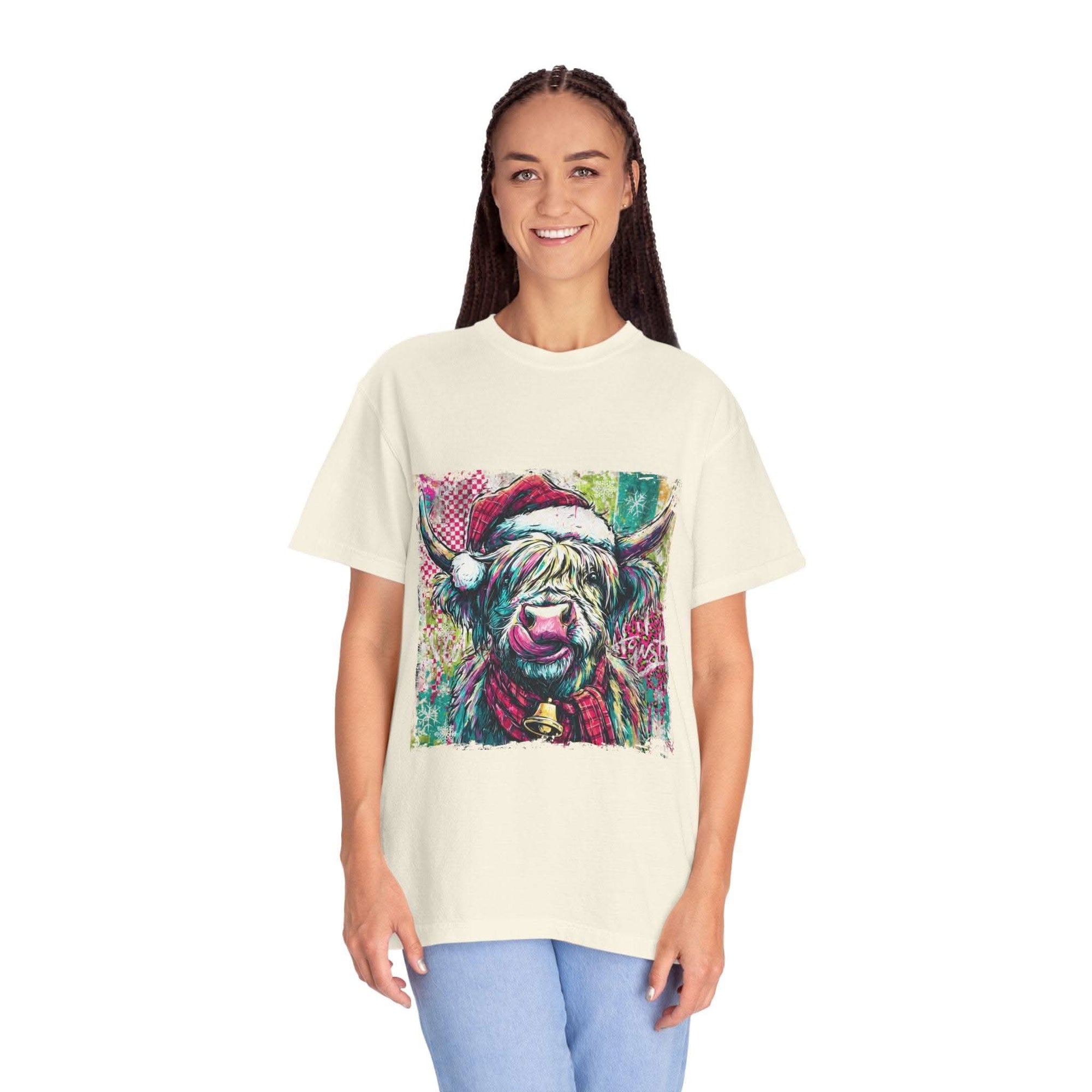 Retro Santa Highland Cow graphic on green cotton T-shirt
