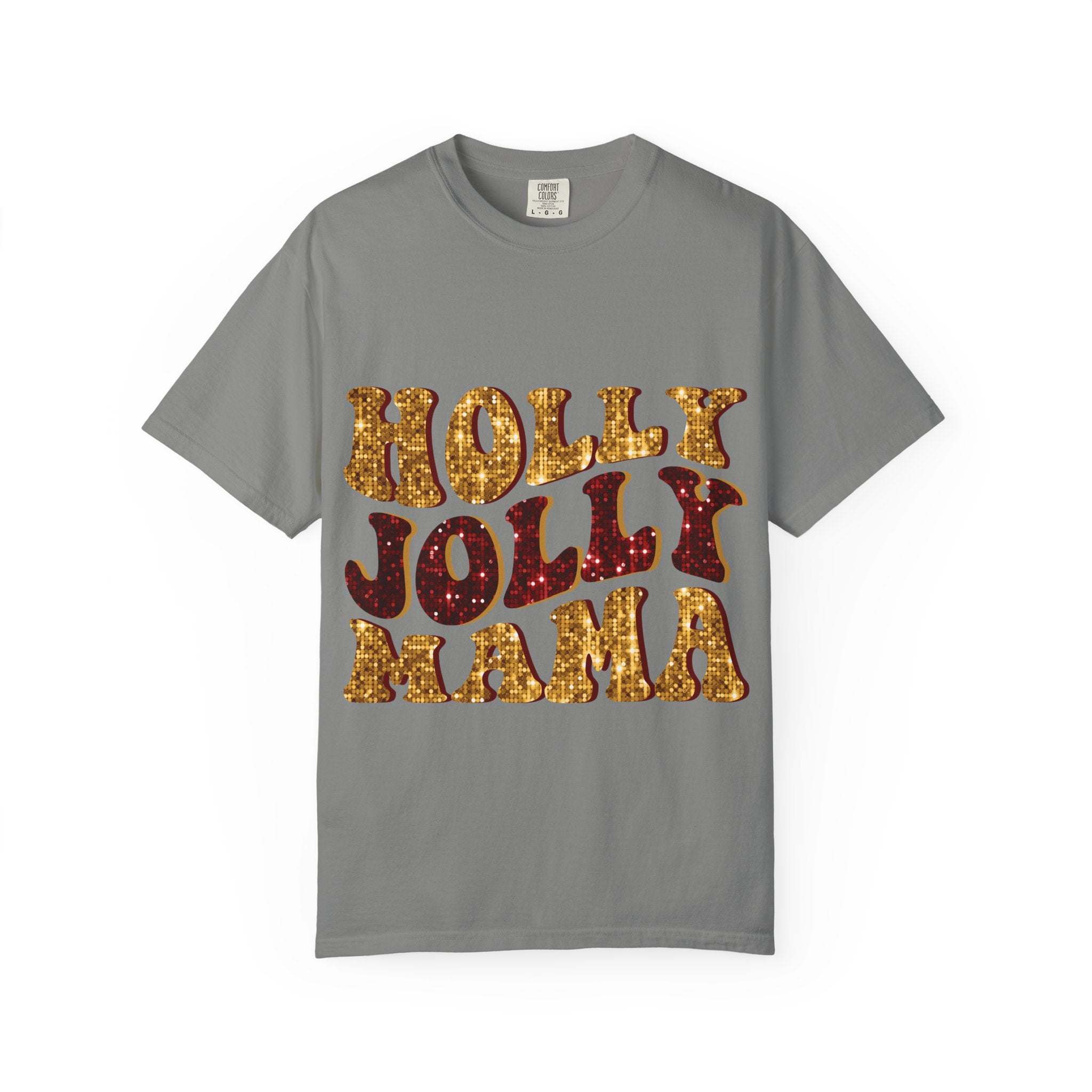 Faux Glitter Holly Jolly Mama festive gray cotton t-shirt for moms