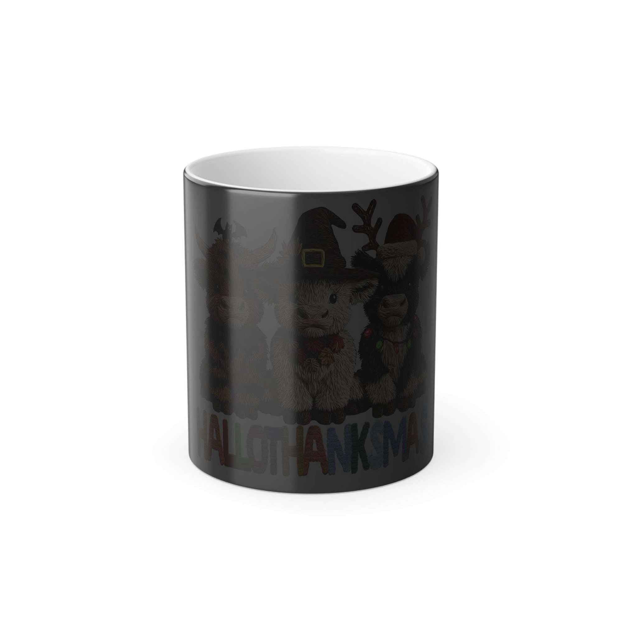 Black mug with cartoon character and text on a white background