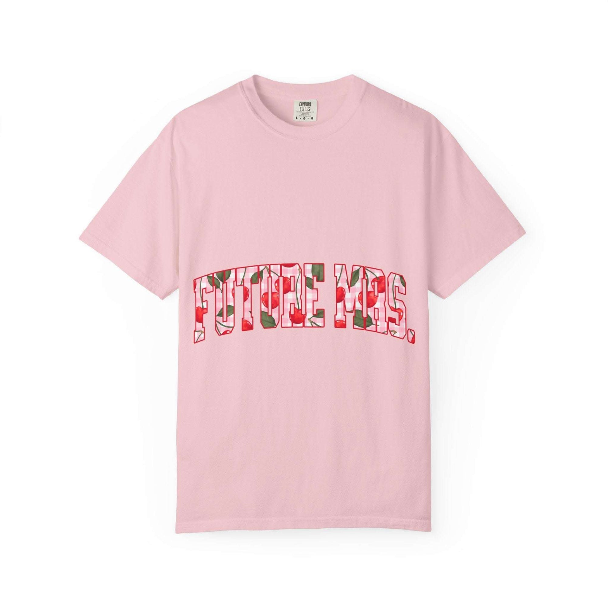 Soft Future Mrs Cherry T-Shirt for brides-to-be with relaxed fit and muted colors