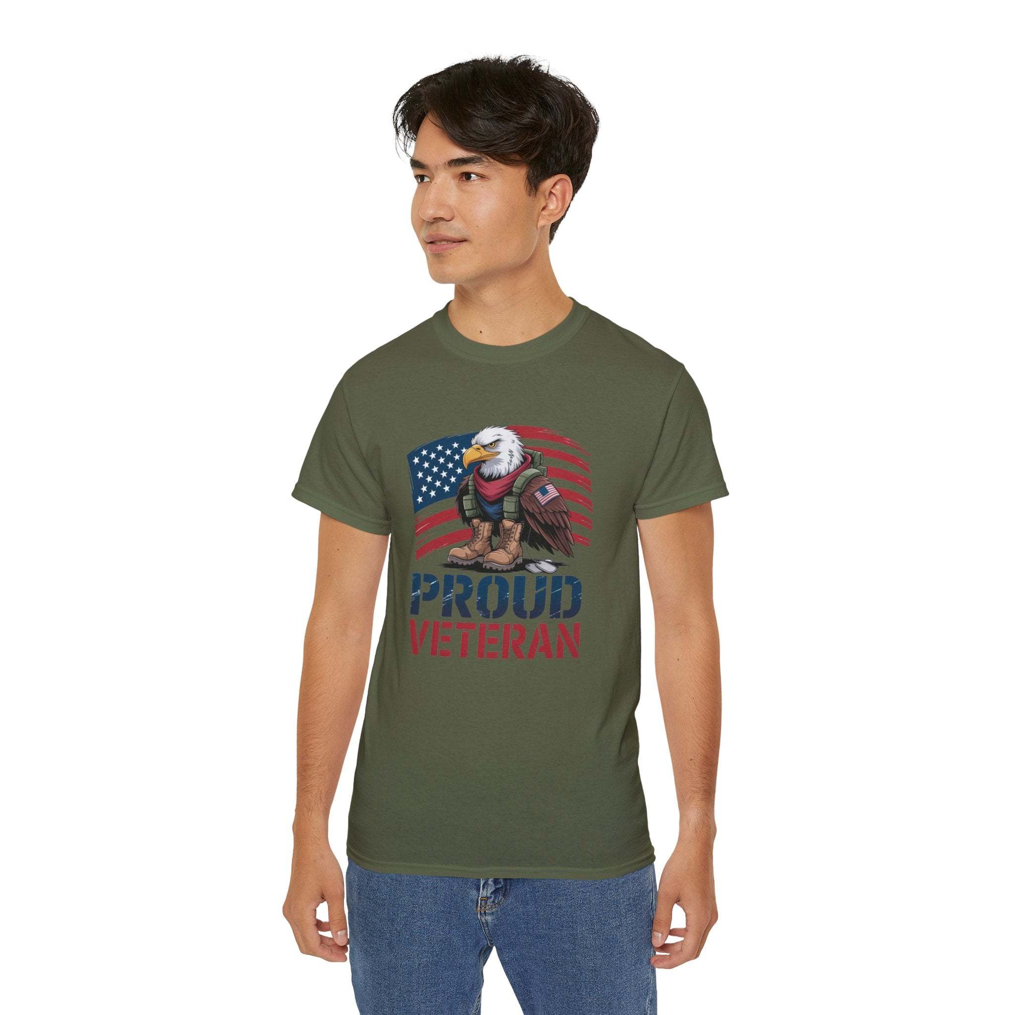 Man wearing green Proud Veteran T-shirt with eagle and American flag design veteran tee shirt