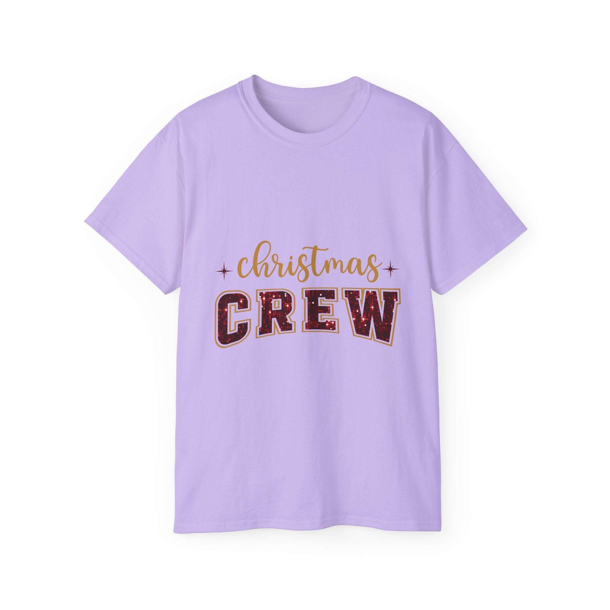 Antique Cherry Red Christmas Crew Faux Glitter T-Shirt by Printify, featuring festive glitter design and crew neck style