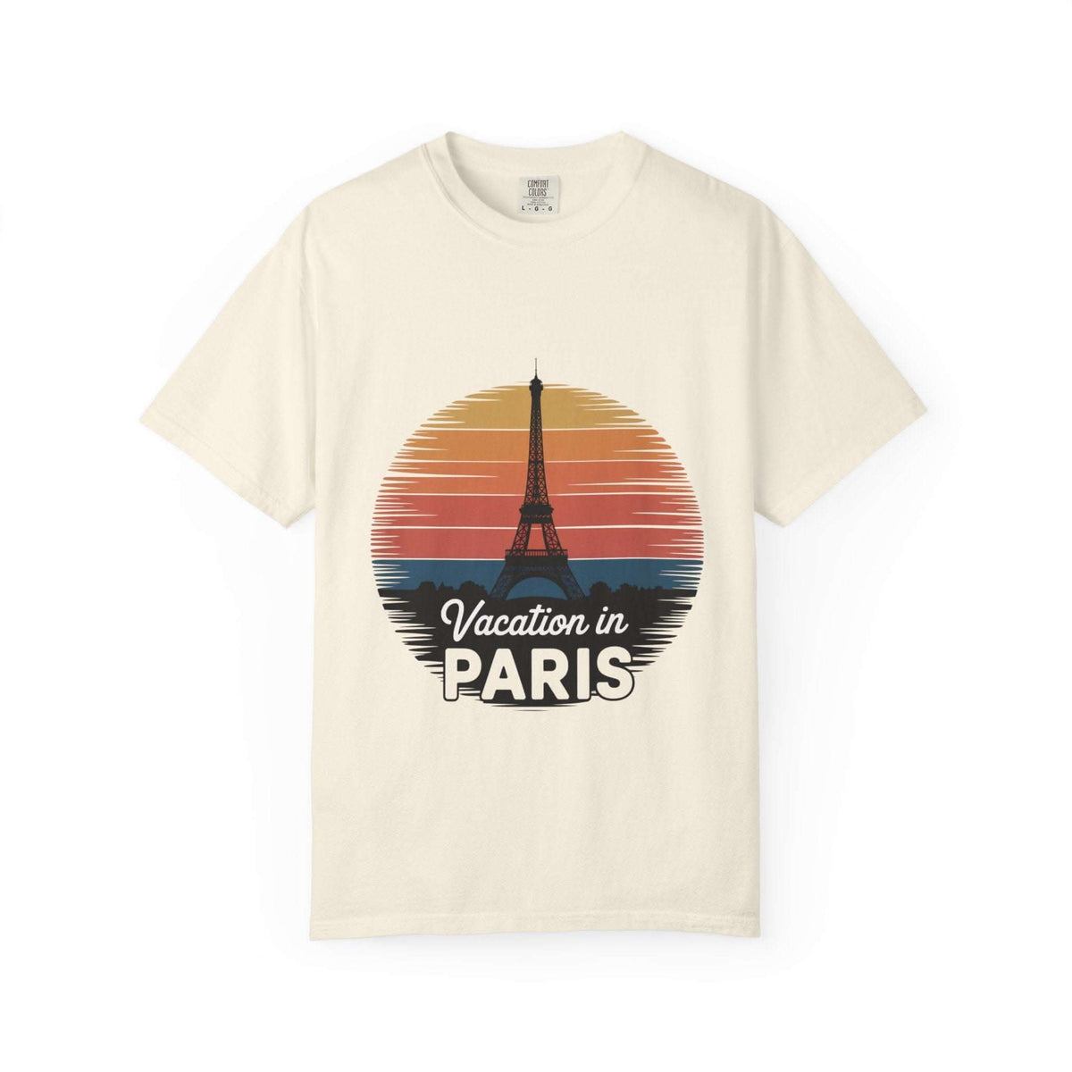 Red garment-dyed t-shirt featuring 'Vacation in Paris' graphic, made by Printify
