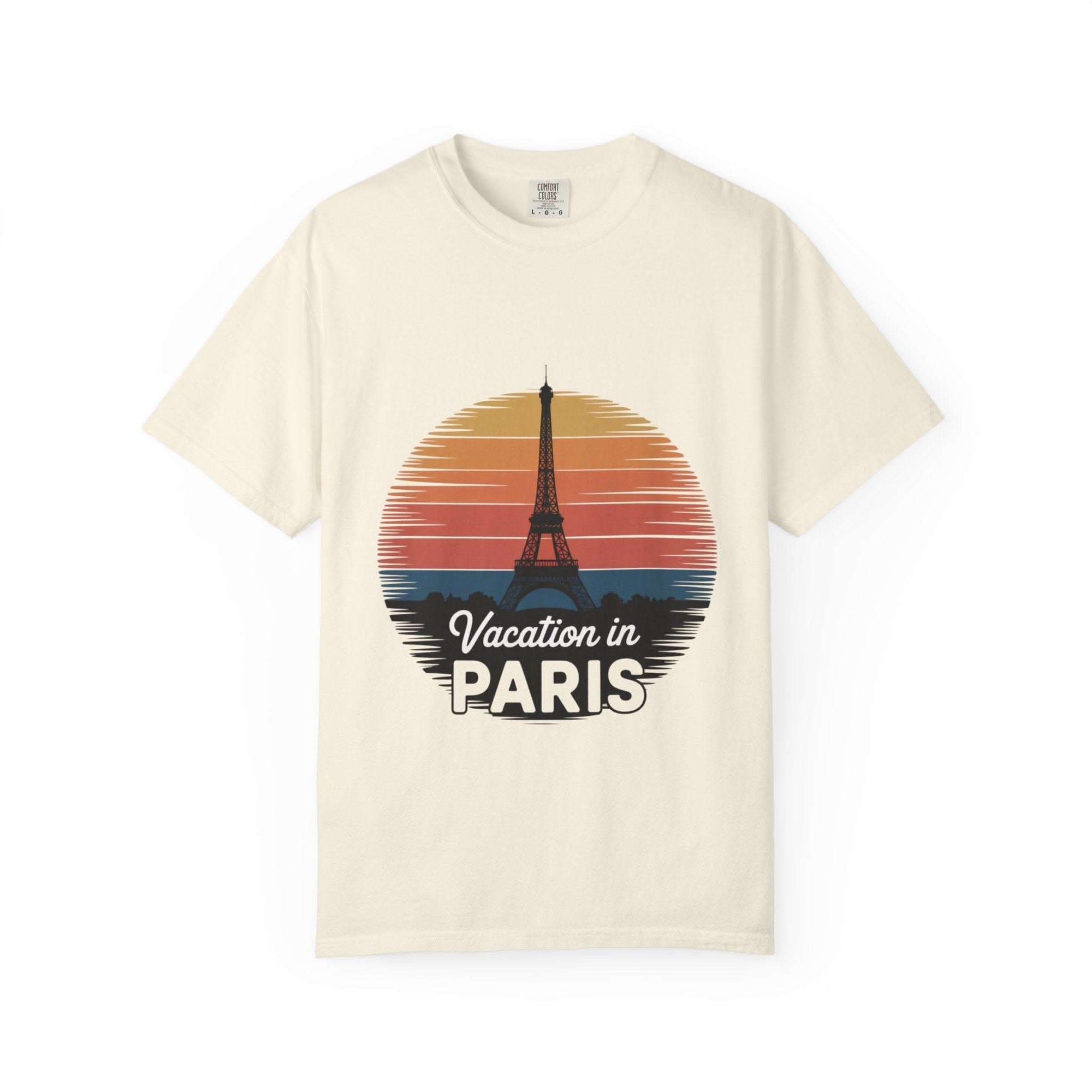 Red garment-dyed t-shirt featuring 'Vacation in Paris' graphic, made by Printify
