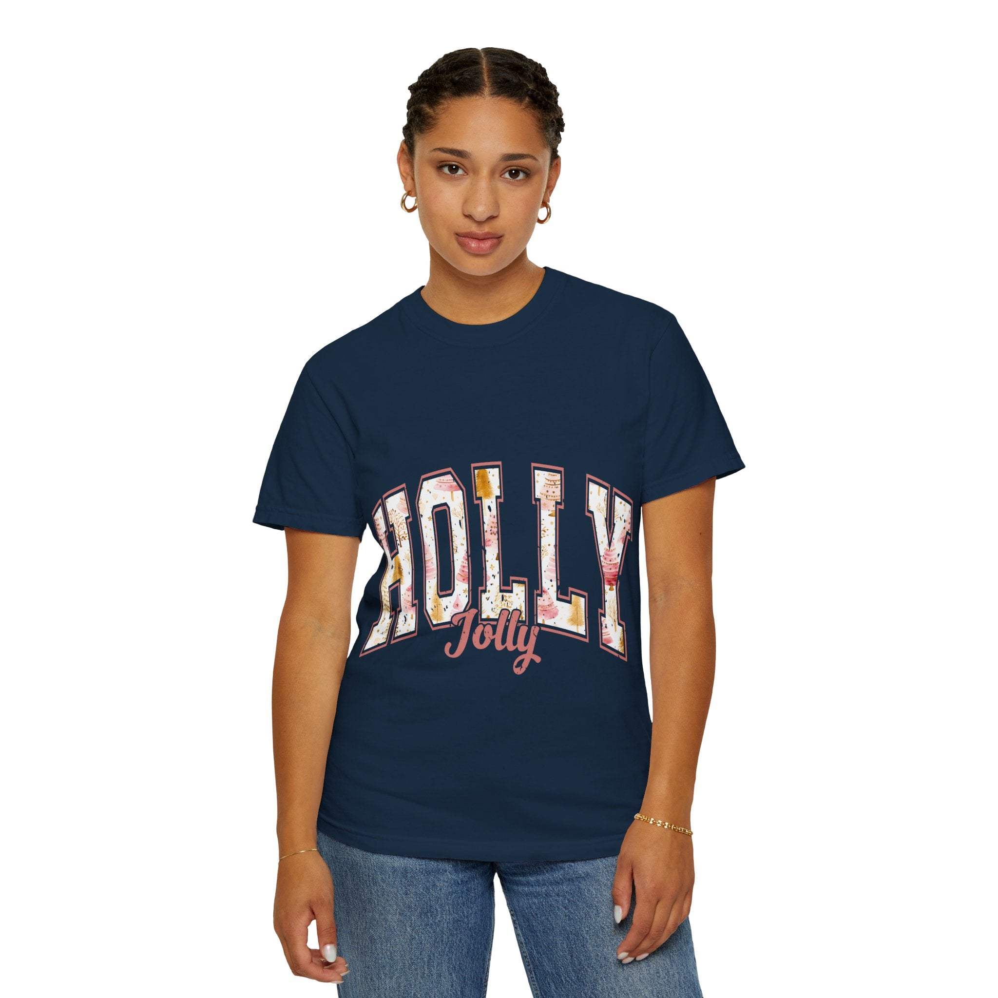 Woman wearing navy Varsity Holly Jolly T-shirt with festive printed text and relaxed fit