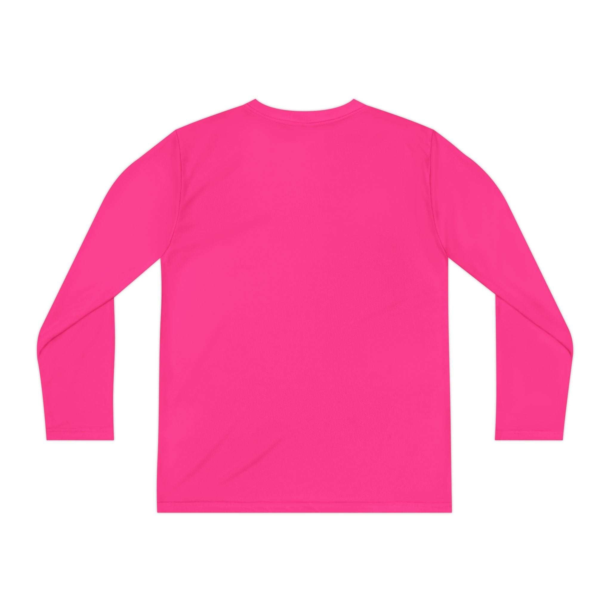 Back view of bright pink youth tee long sleeve shirt with moisture-wicking fabric for active wear
