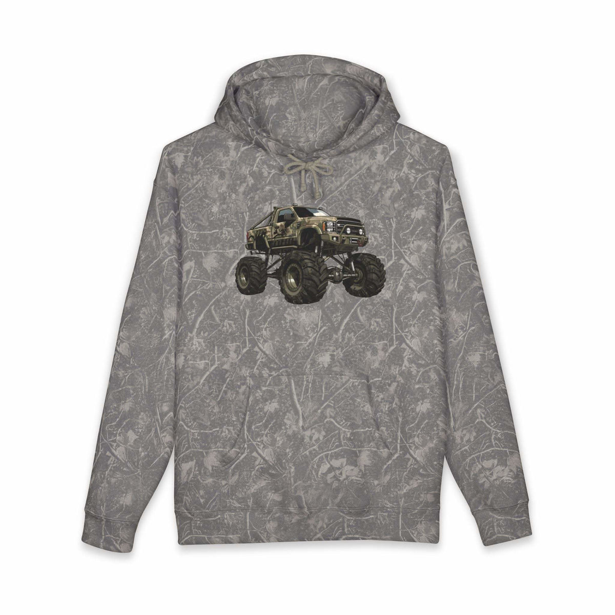 American Flag Monster Truck hoodie with camouflage truck and distressed flag design